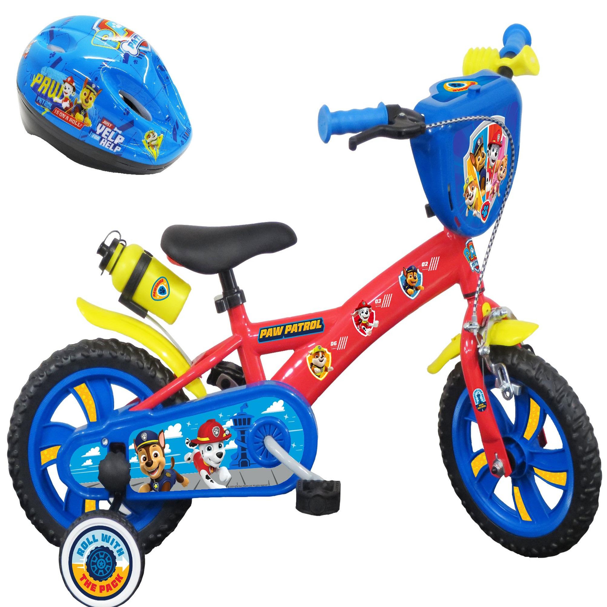 Nickelodeon Vélo enfant - Modèle 12'' Pat Patrouille + Casque pour enfant de 85/100 cm avec stabilisateurs - Plaque décorative avant - Porte bidon - 1 frein et roues à bâtons