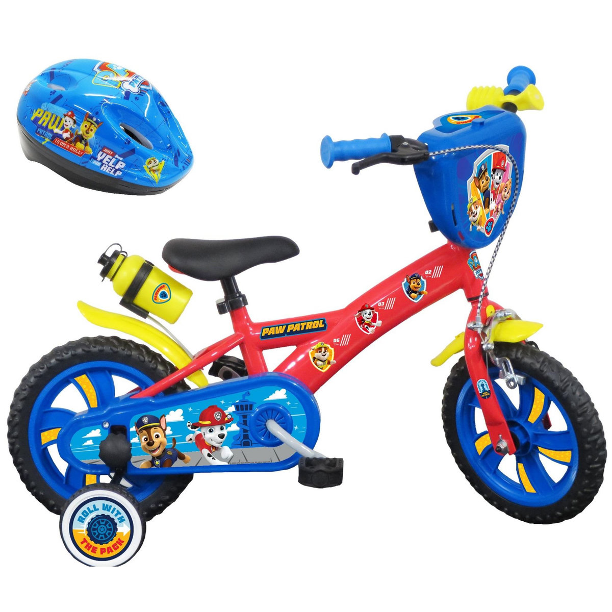 Nickelodeon Vélo enfant - Modèle 12'' Pat Patrouille + Casque pour enfant de 85/100 cm avec stabilisateurs - Plaque décorative avant - Porte bidon - 1 frein et roues à bâtons