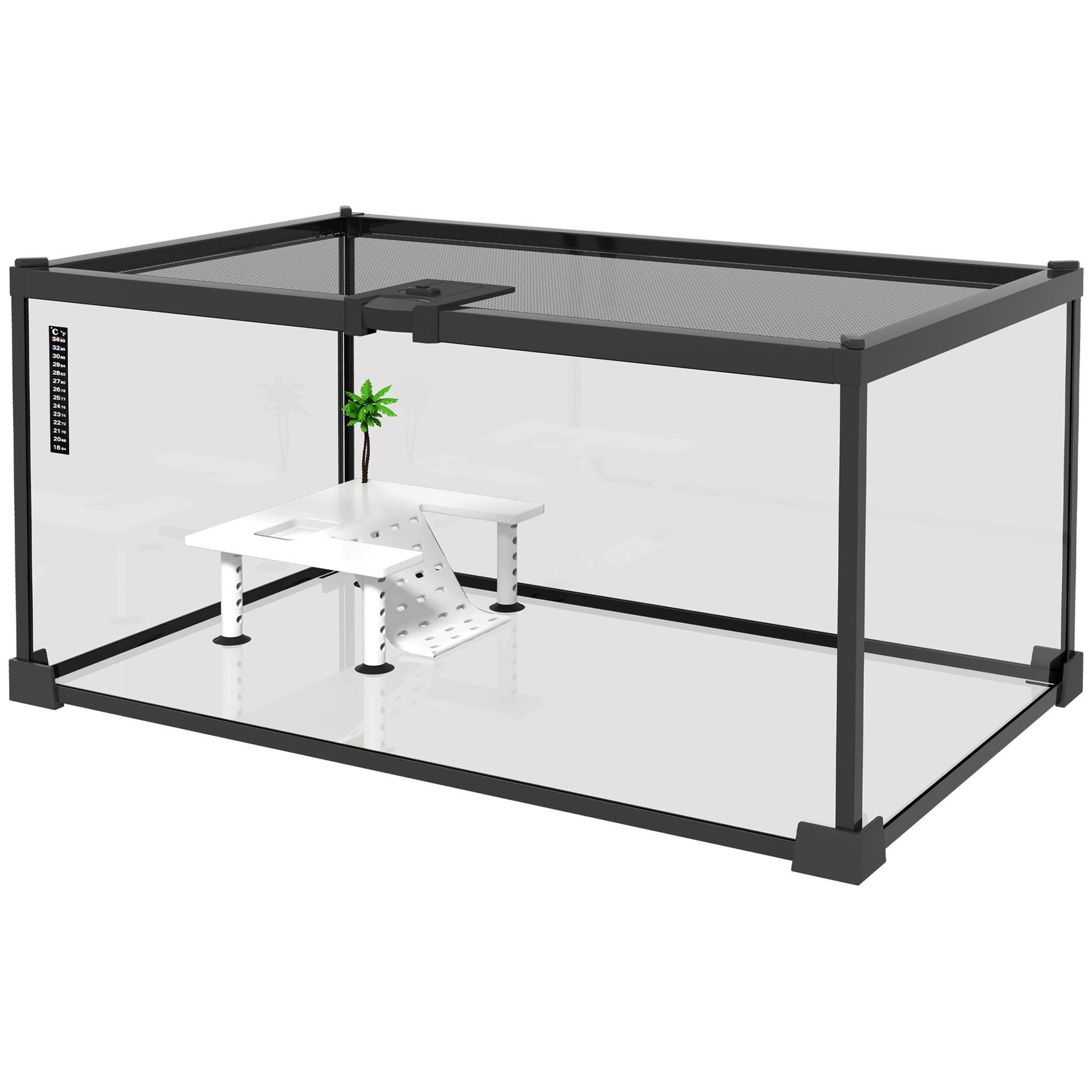 PAWHUT Terrarium en verre - vivarium reptiles & batraciens - habitat tortue - couvercle grillagé coulissant verrouillable - accessoires, thermomètre inclus - métal noir verre