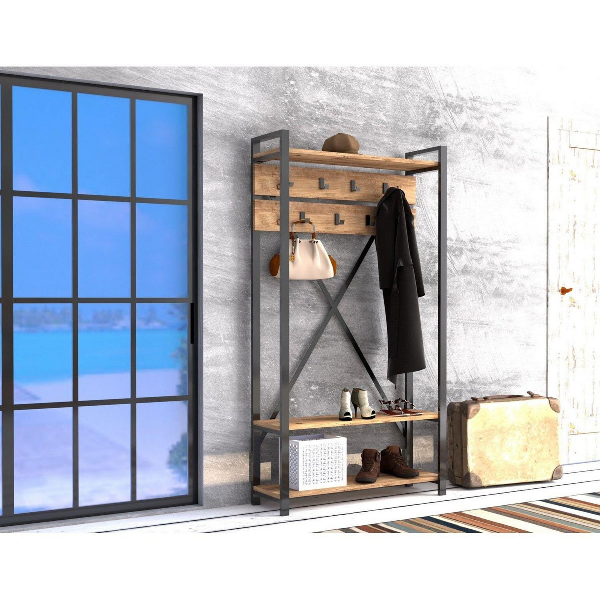 TOILINUX Porte manteau design industriel Sapphire - L. 90 x H. 180 cm - Noir