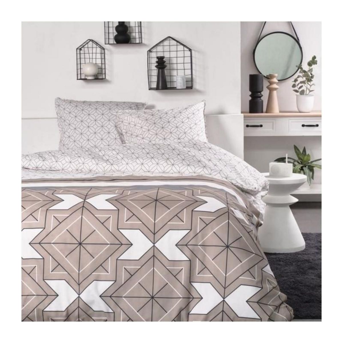 Today Parure de lit 2 personnes -TODAY - 240x200 cm - 100% Coton - Beige, Noir et Blanc