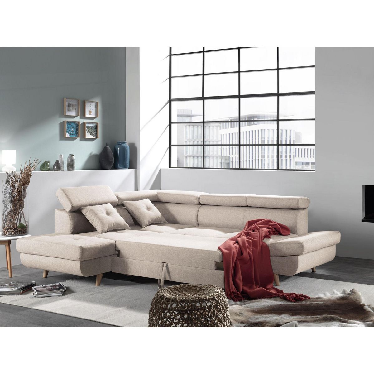 BEST MOBILIER Linea - canapé d'angle gauche convertible - 5 places - avec têtières