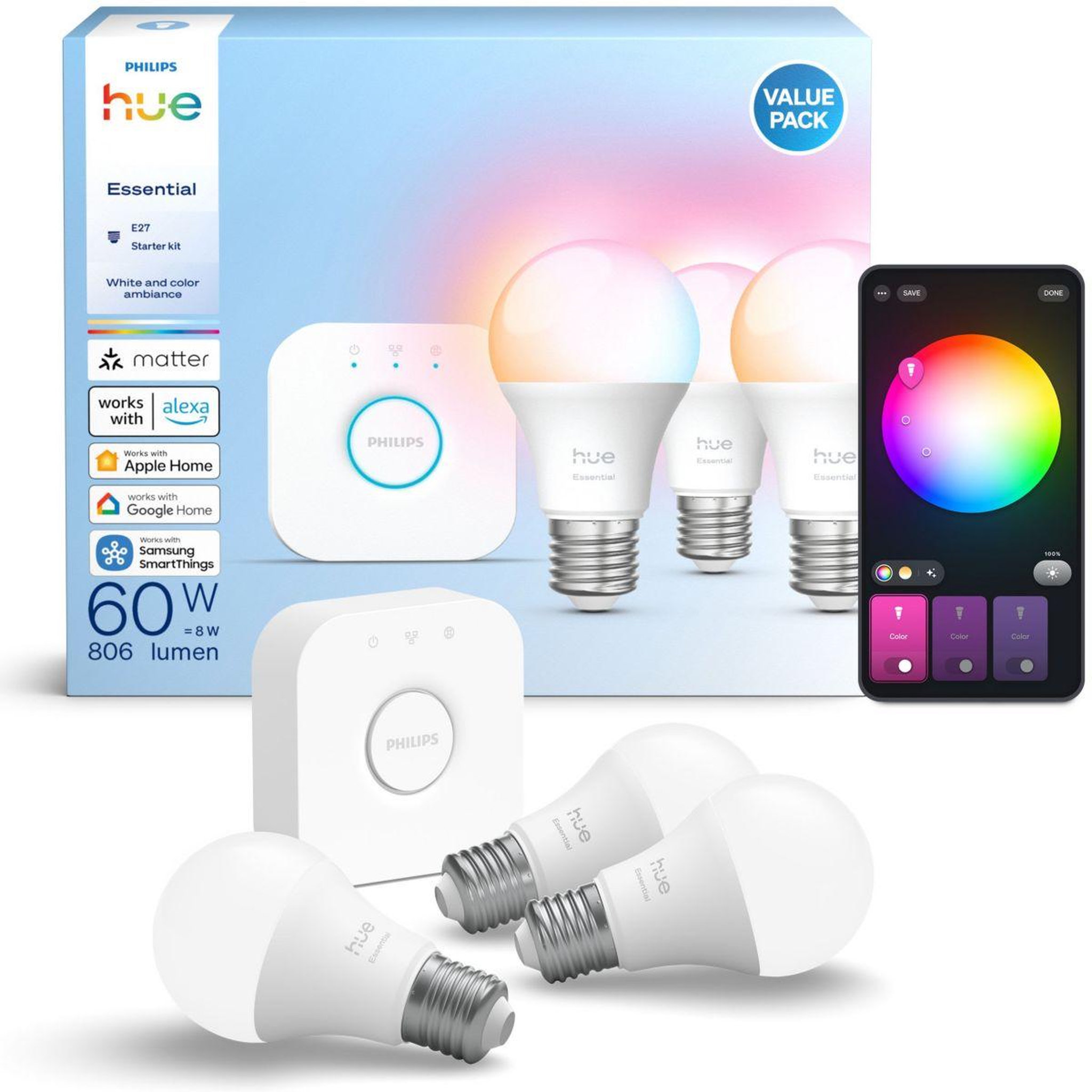 PHILIPS HUE Pack essential-3/e27 white&color a.+pont v2