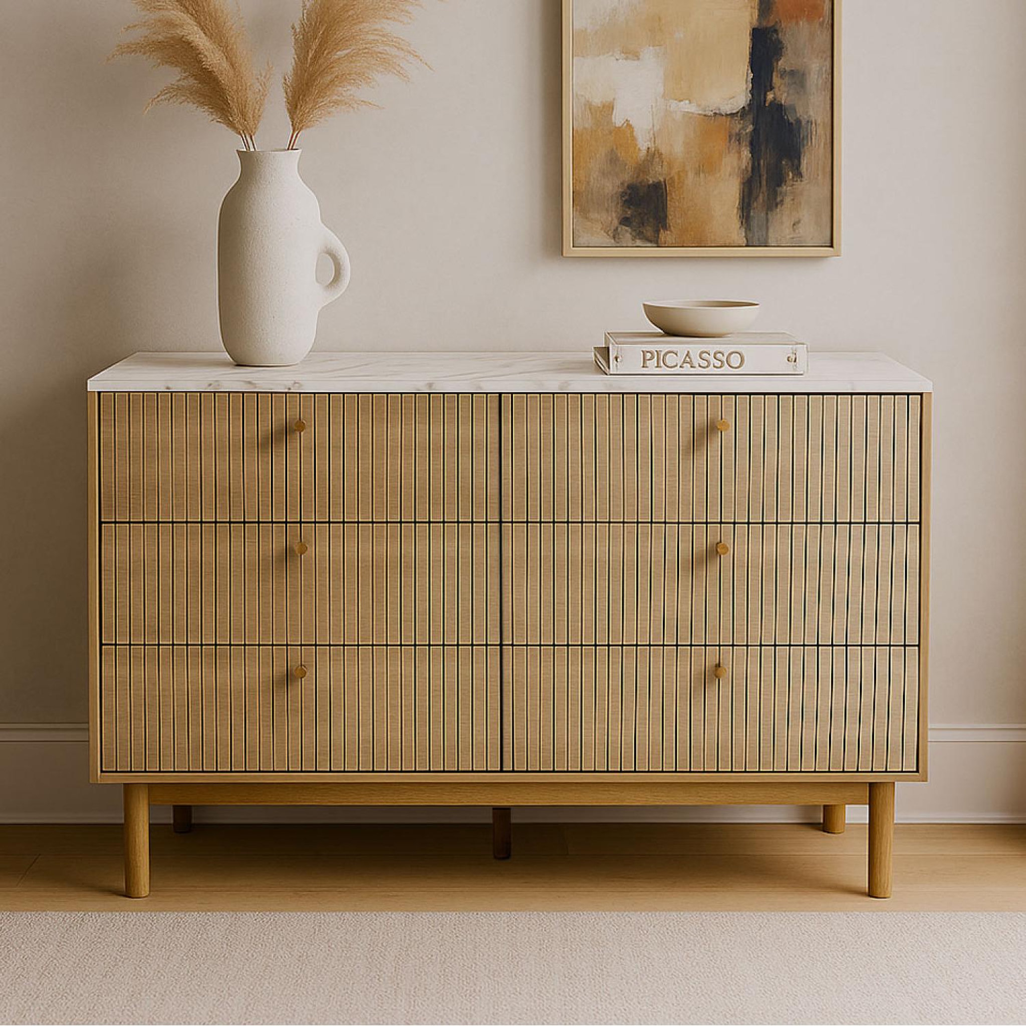Voir la diapositive 2 : CONCEPT USINE Buffet 6 tiroirs aspect bois rainuré et marbre 120cm brox