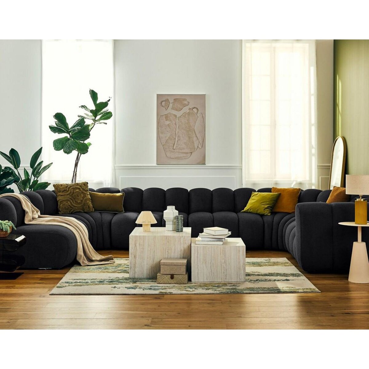 LISA DESIGN Debbie - canapé modulable panoramique d'angle gauche 7 places en tissu texturé