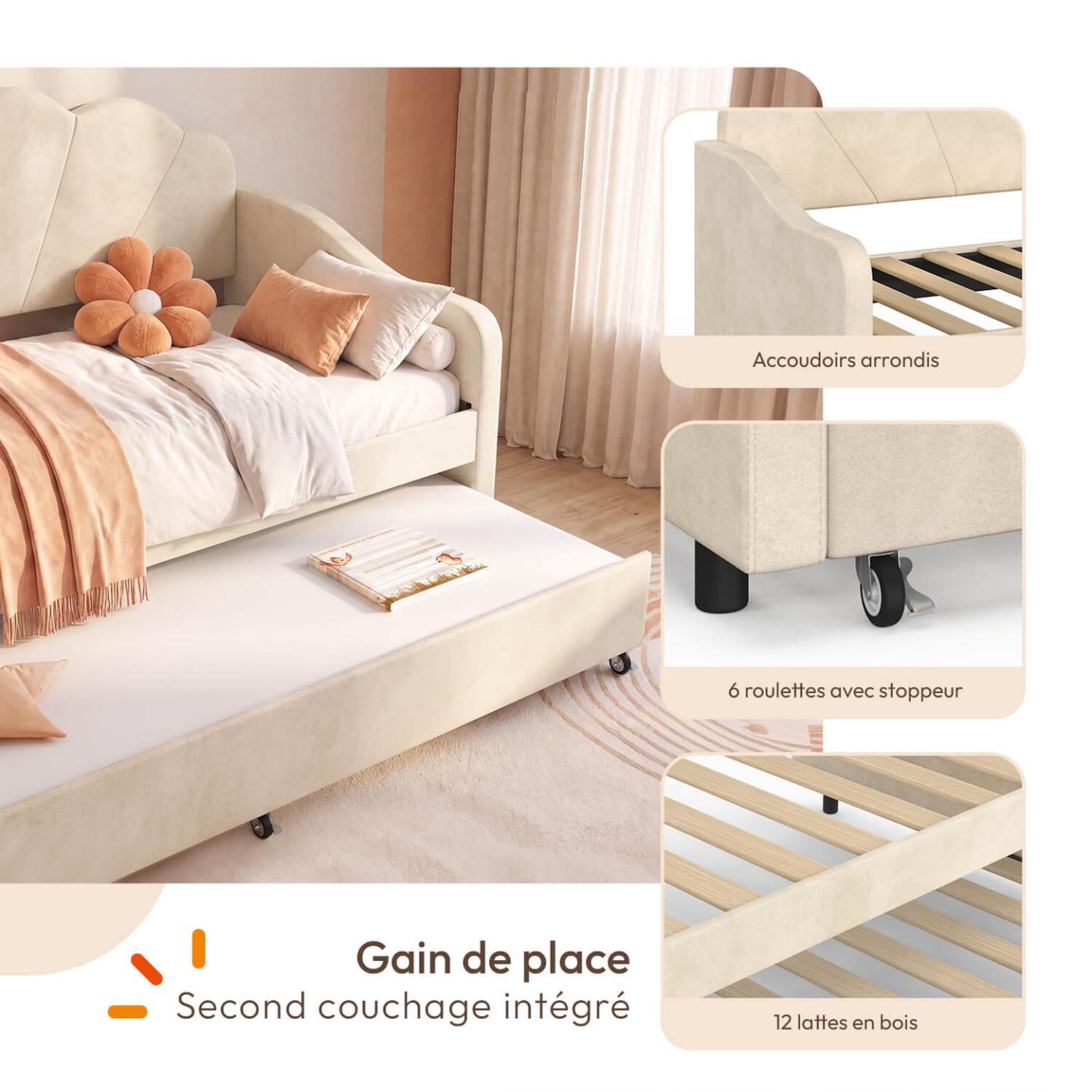 Voir la diapositive 3 : ID MARKET Lit banquette gigogne coquillage amanda 2 x 90 x 190 cm avec 2 sommiers velours beige