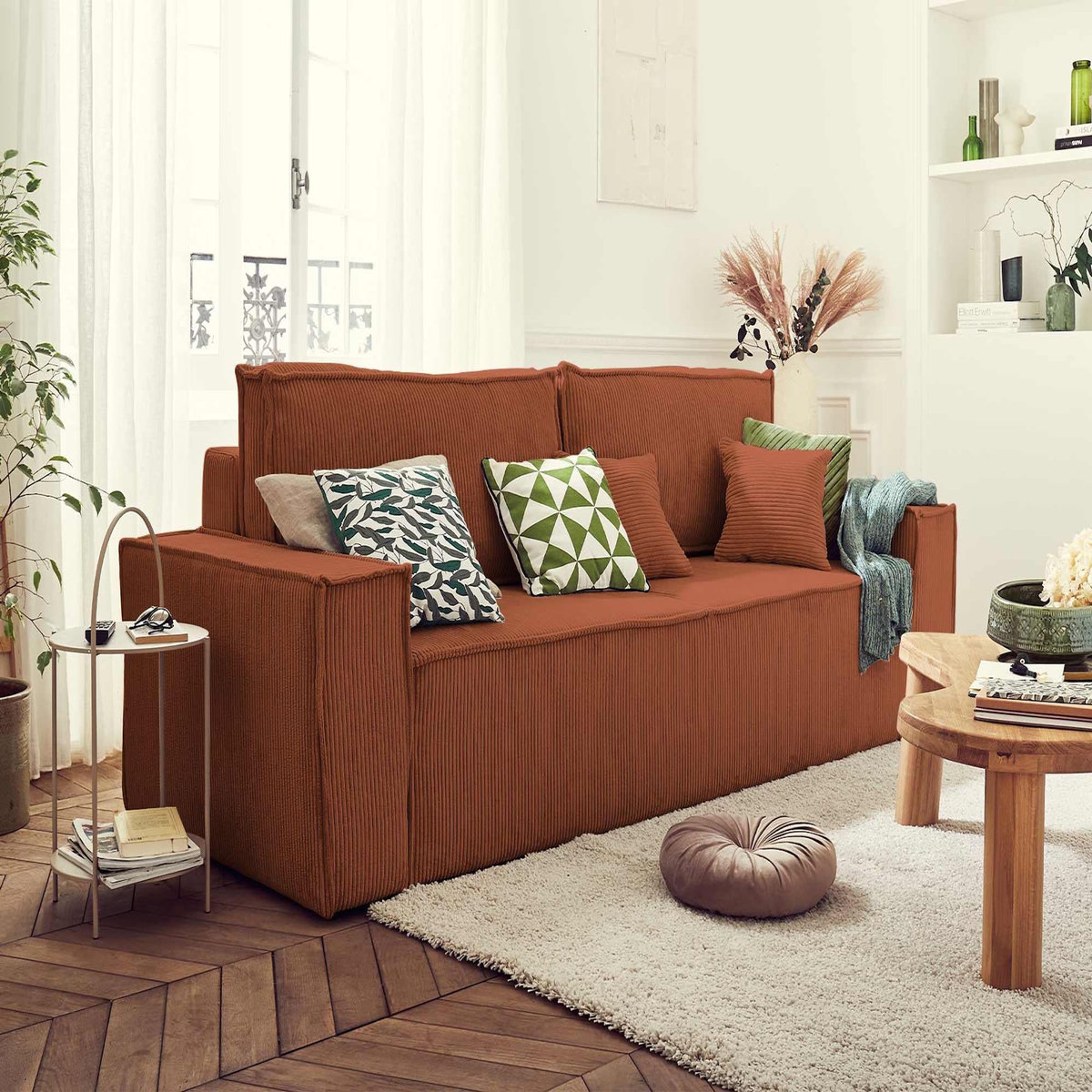 BEST MOBILIER Dellia - canapé 3 places convertible - avec coffre - en velours côtelé - style contemporain