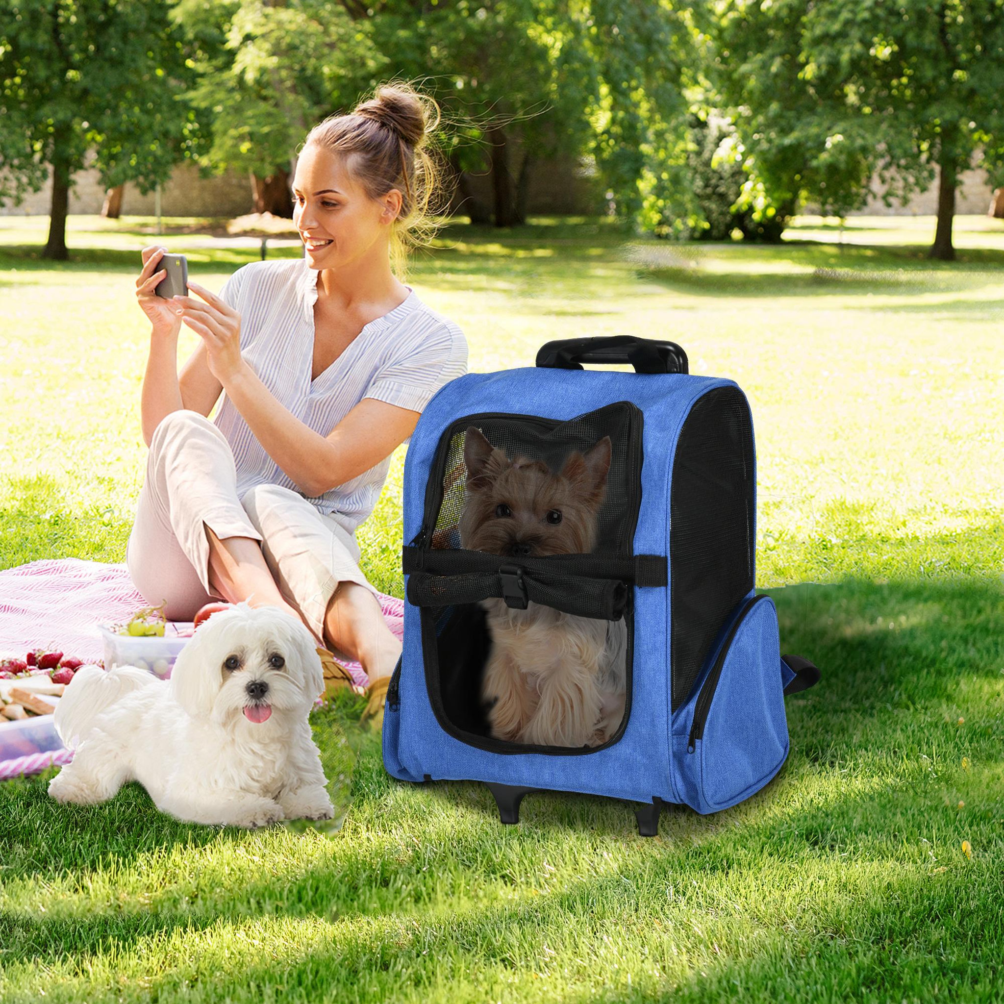 Voir la diapositive 4 : PAWHUT 2 en 1 trolley chariot sac à dos sac de transport à roulettes pour chien chat bleu