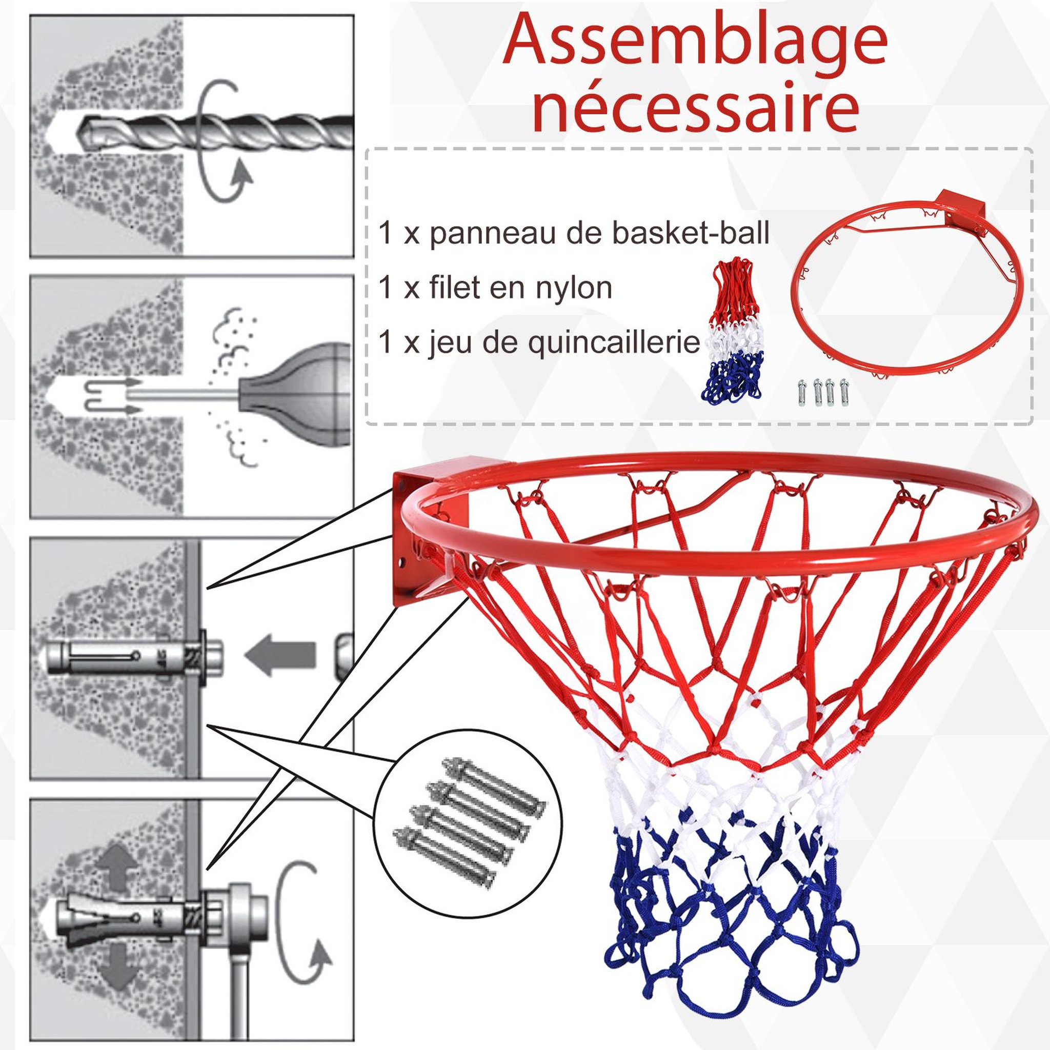 Voir la diapositive 3 : HOMCOM Panier de basket, anneau de basketball avec filet ø 46 cm, support mural intérieur et extérieur, rouge