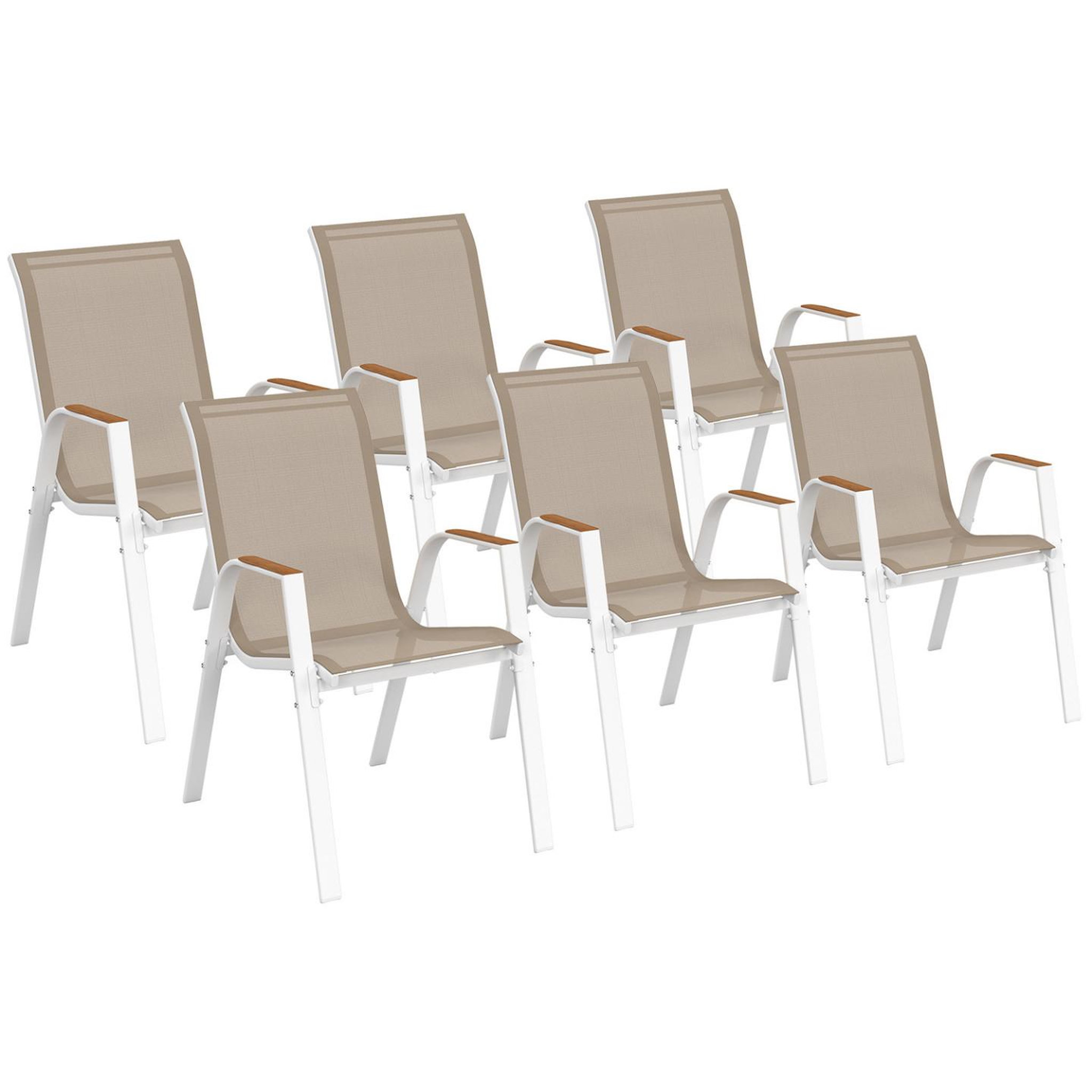 ID MARKET Lot de 6 chaises de jardin noumea métal et textilène empilables blanc et bois