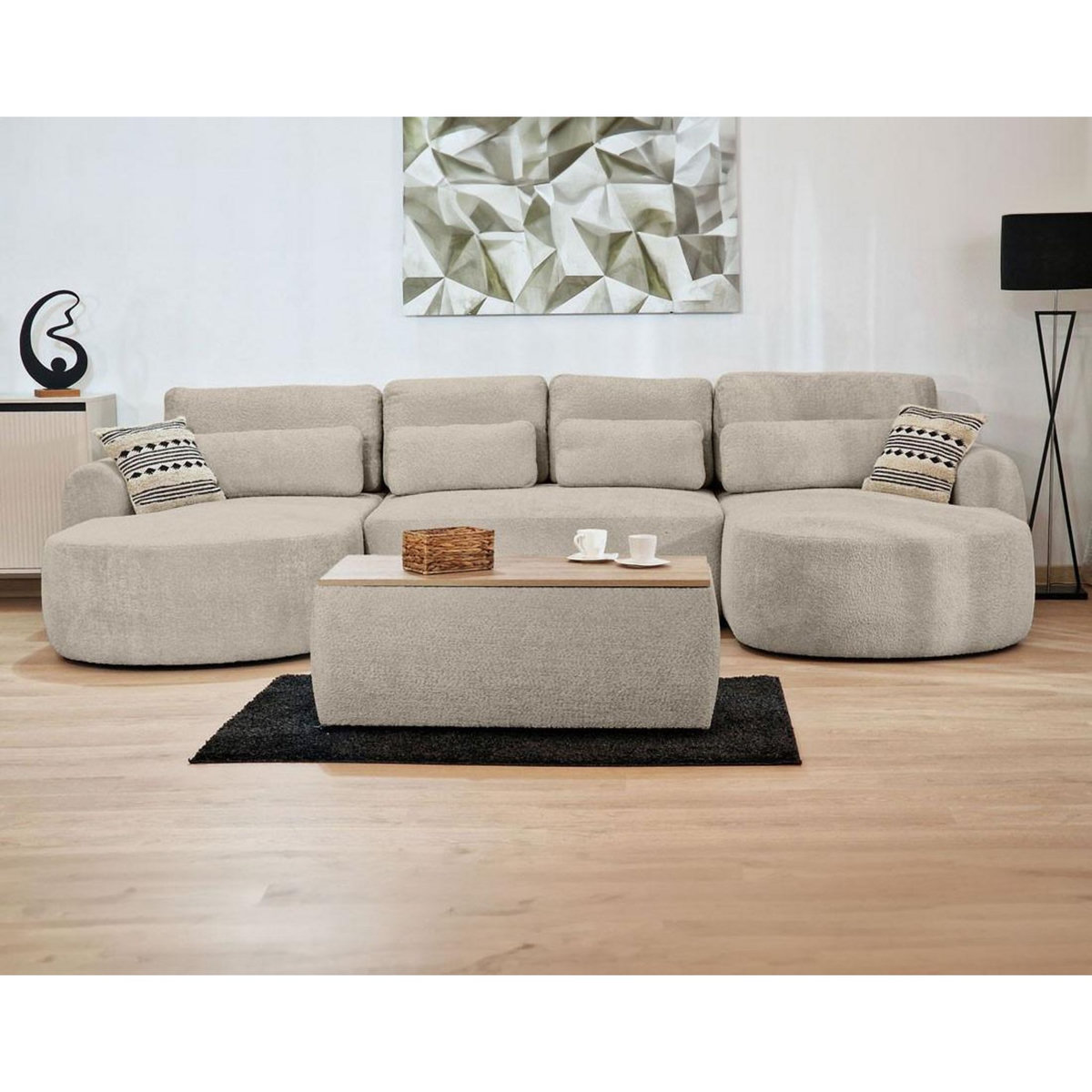 BEST MOBILIER Mahina - canapé panoramique en u 7 places - convertible avec coffre - en tissu bouclette