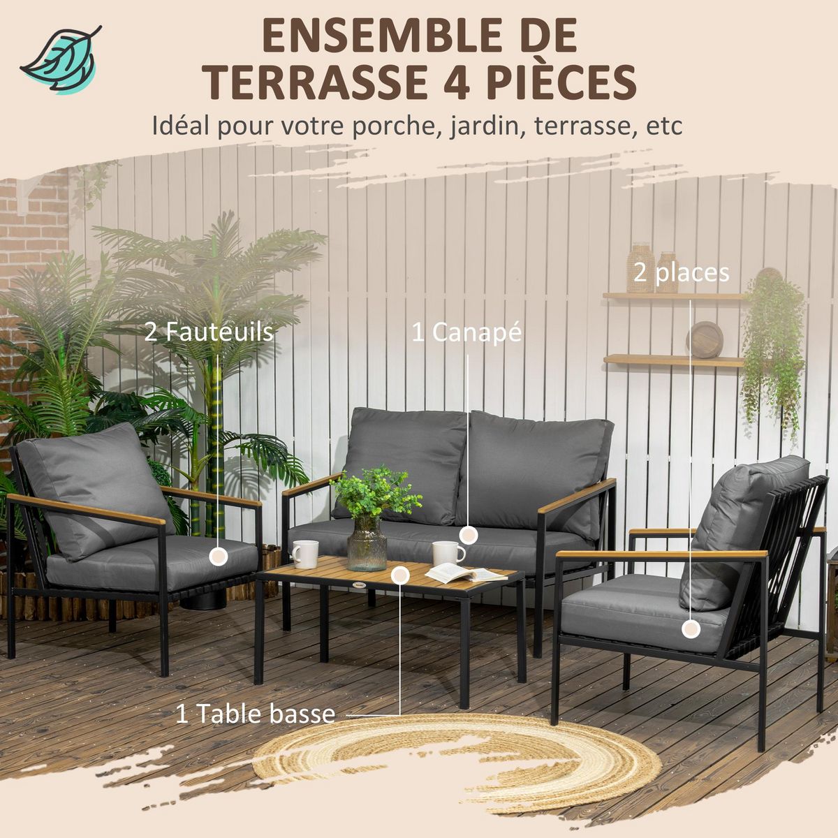 OUTSUNNY Ensemble salon de jardin design style colonial 4 places 4 pièces accoudoirs plateau aspect bois acier noir polyester gris