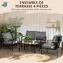 Voir la diapositive 4 : OUTSUNNY Ensemble salon de jardin design style colonial 4 places 4 pièces accoudoirs plateau aspect bois acier noir polyester gris