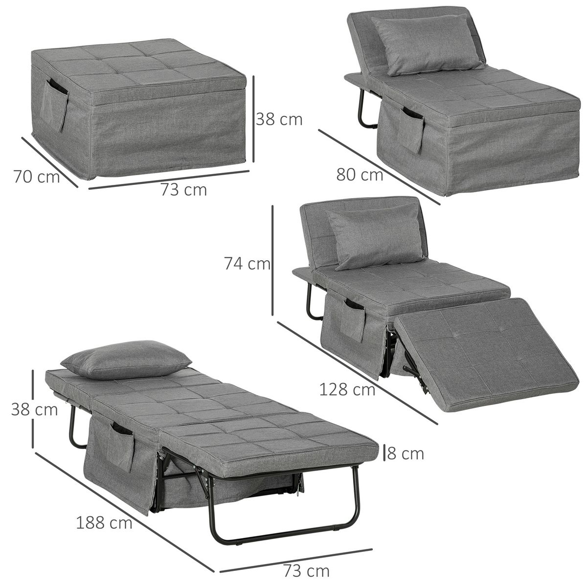 HOMCOM Fauteuil relax canapé pouf lit d'appoint 4 en 1 dossier inclinable 5 niveaux repose-pied rabattable châssis acier noir polyester gris