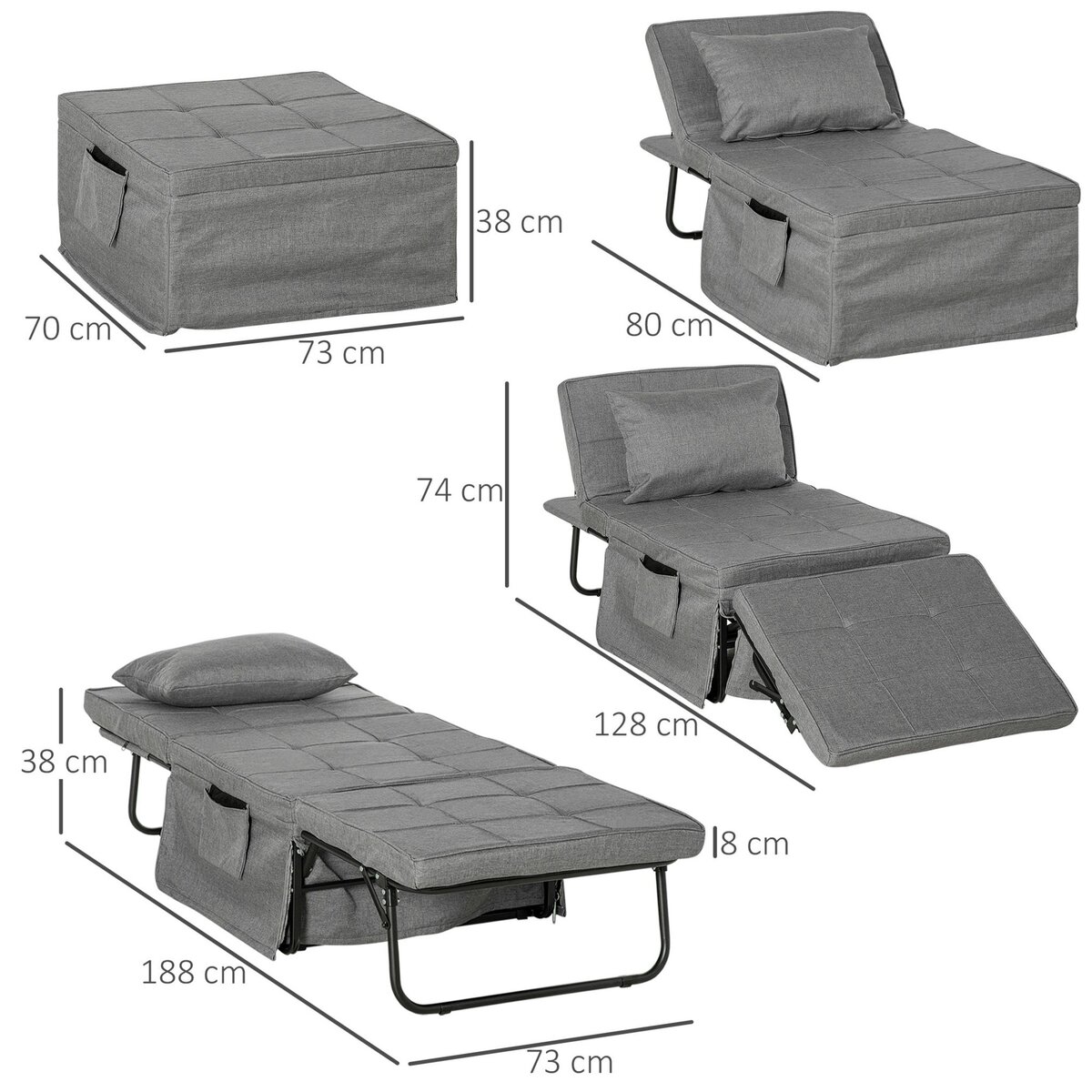 HOMCOM Fauteuil relax canapé pouf lit d'appoint 4 en 1 dossier inclinable 5 niveaux repose-pied rabattable châssis acier noir polyester gris