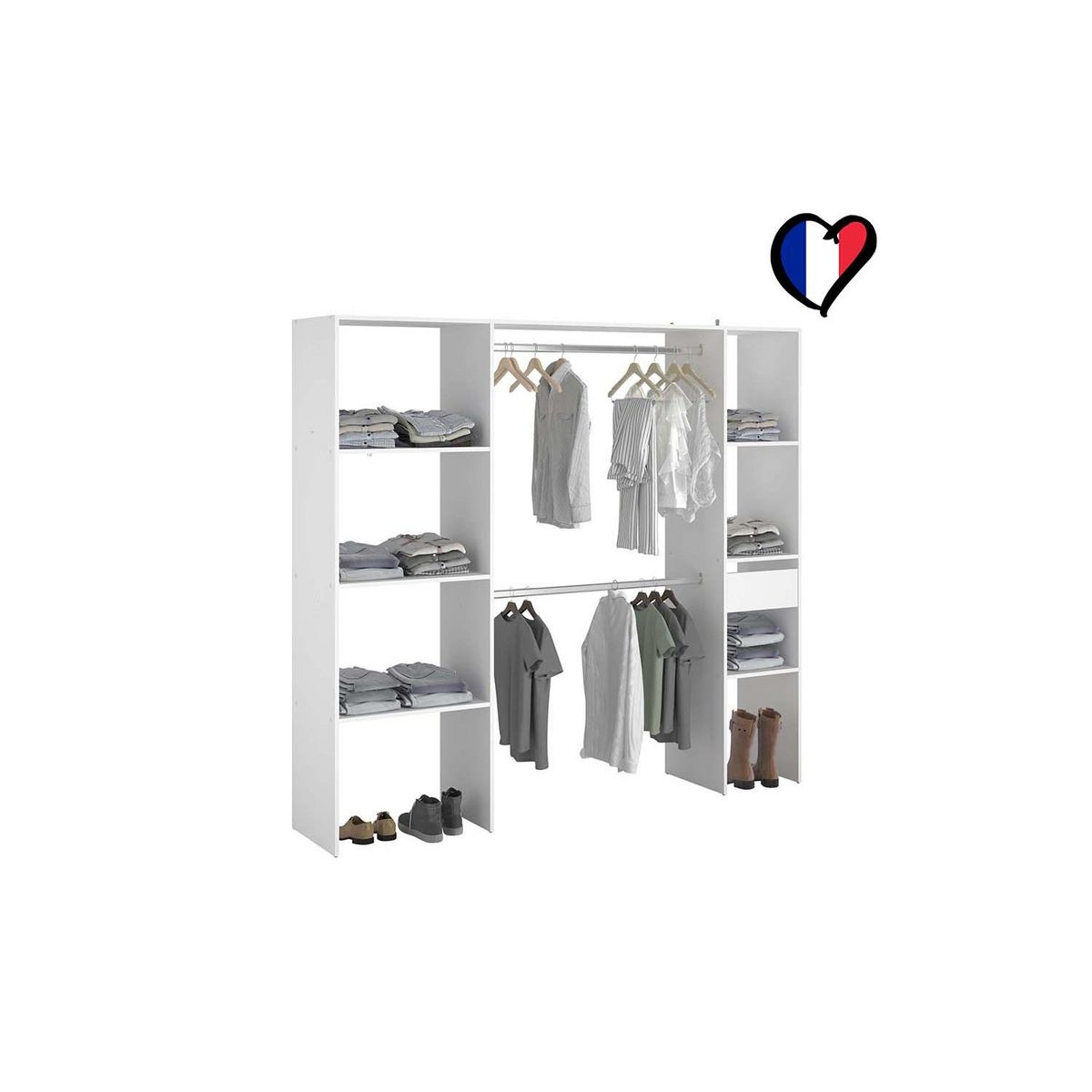 CONCEPT USINE Dressing blanc 6 étagères, 1 tiroir, 2 penderies 198 x 40 x 180 cm ELYSEE