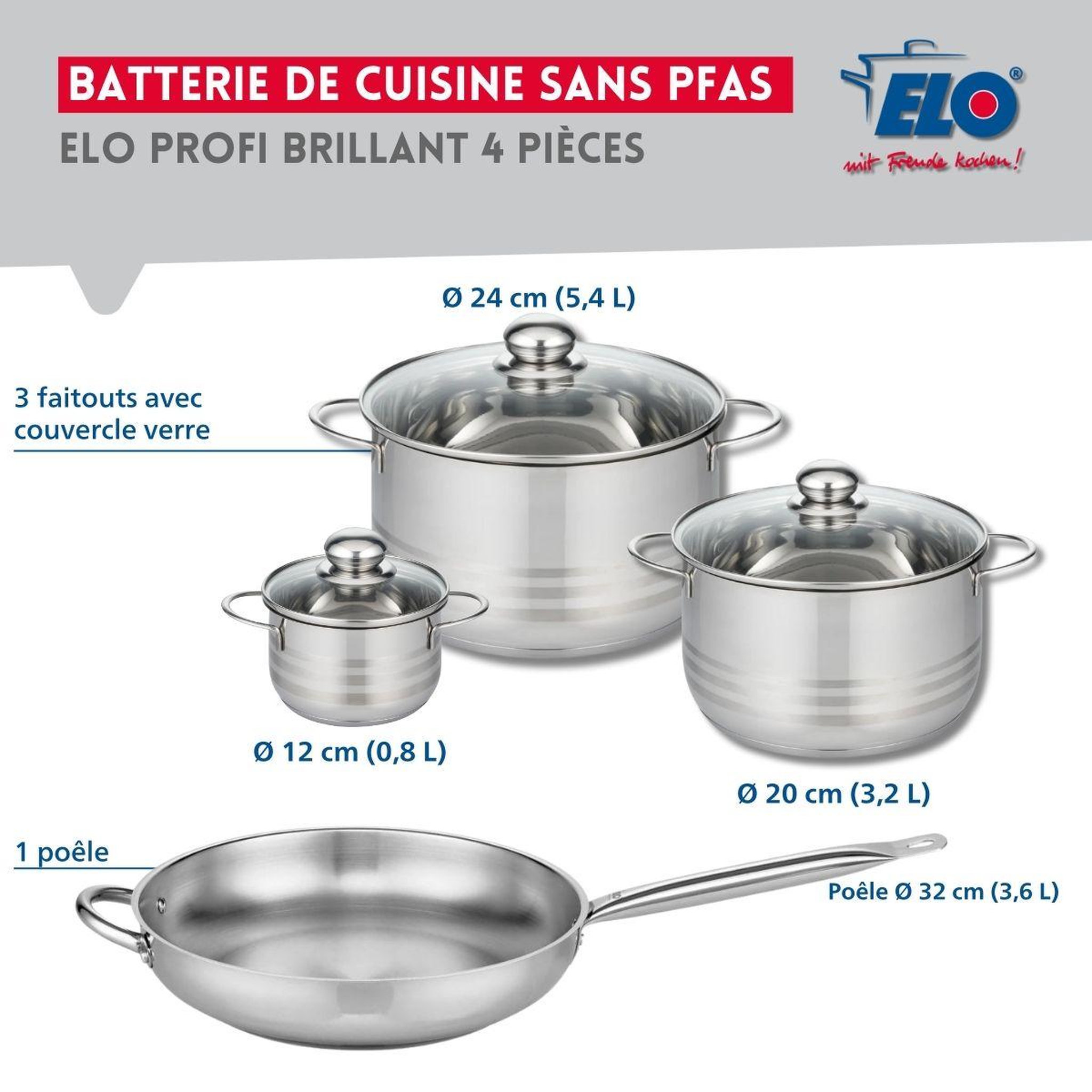 Voir la diapositive 2 : ELO Ensemble de 1 poêle de cuisson 32 cm et 3 faitouts 12, 20 et 24 cm elo profi brillant