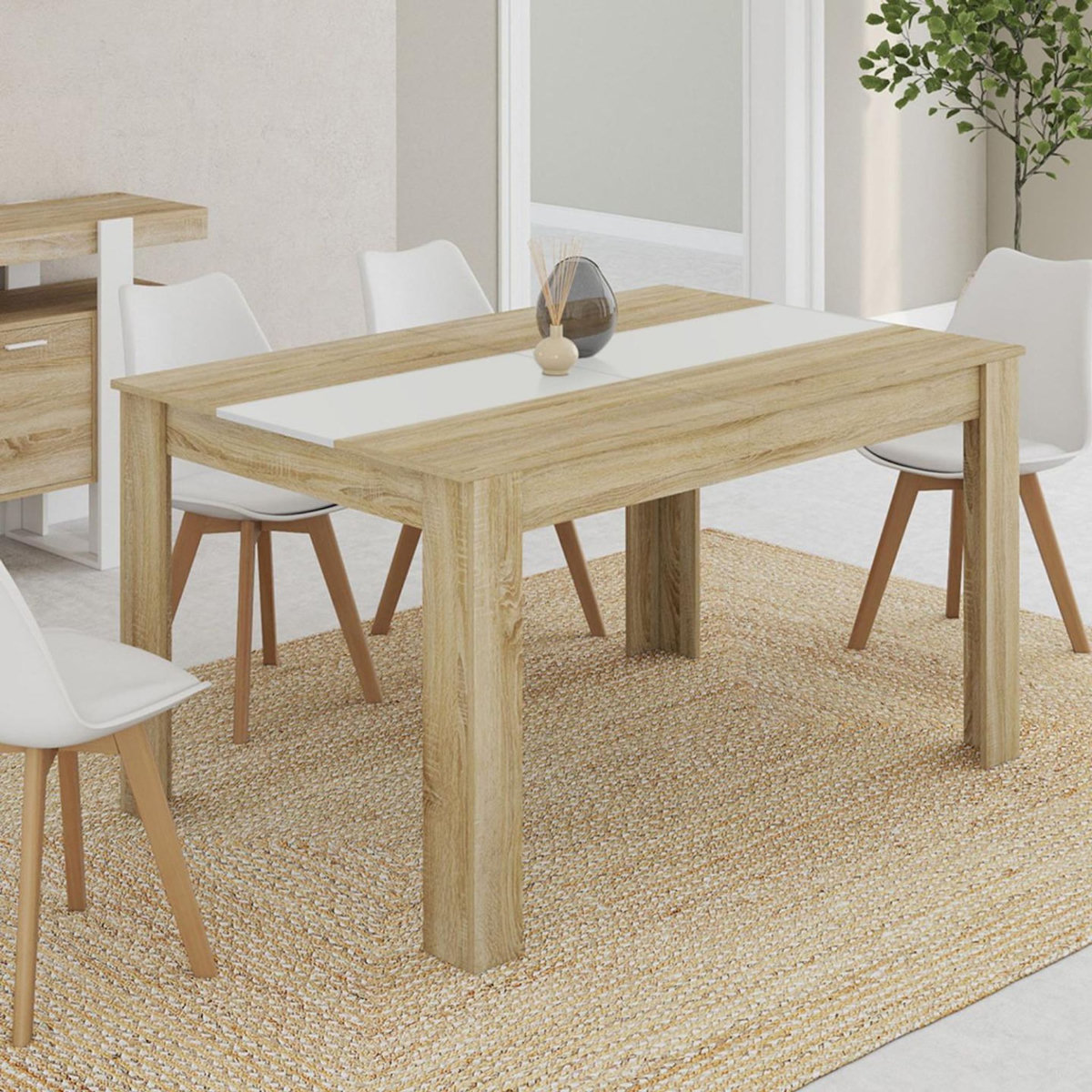ID MARKET Table à manger rectangle GEORGIA 6 personnes imitation hêtre et blanche 140 x 80 cm