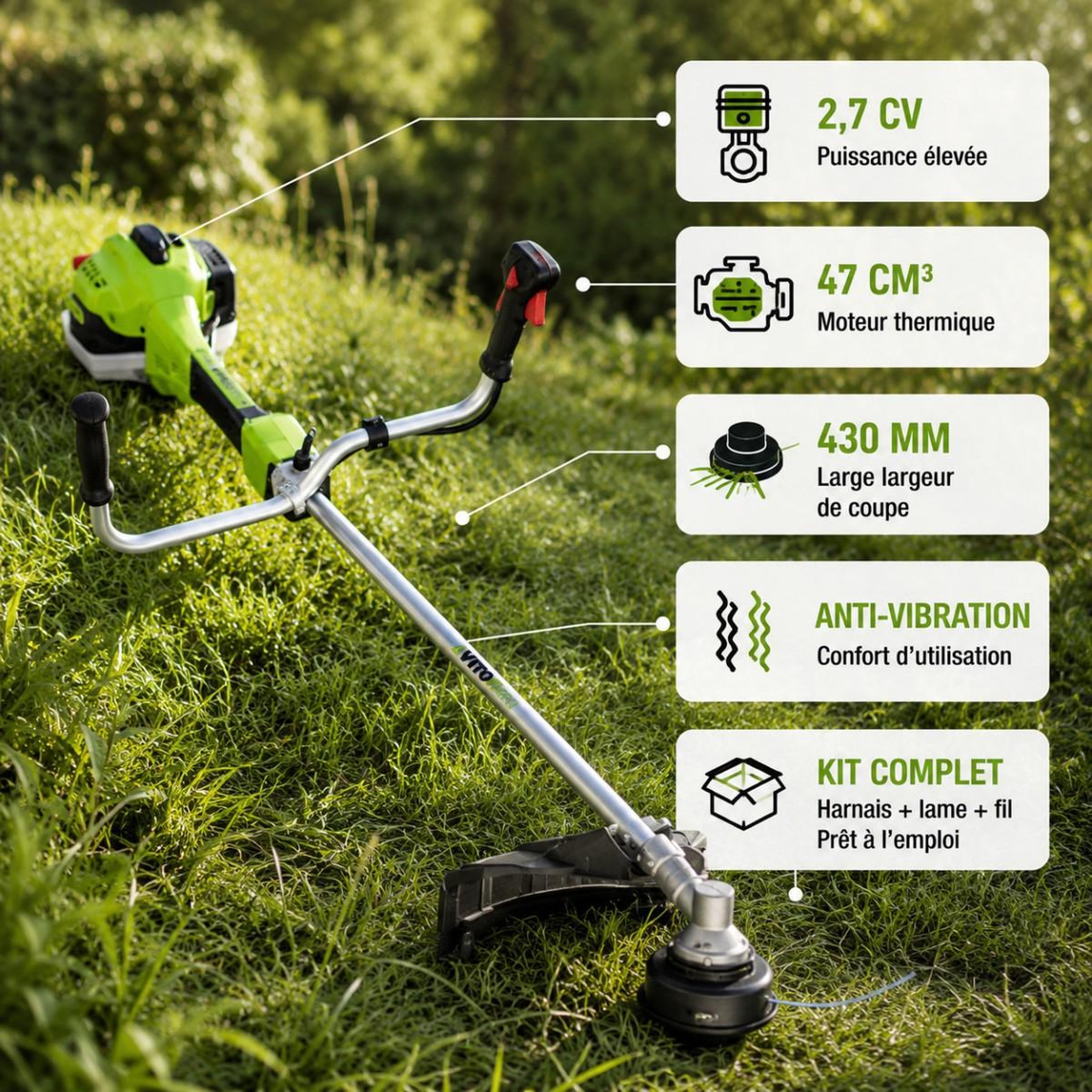 Voir la diapositive 2 : VITO Garden Debroussailleuse thermique 47Cm3 Moteur 2T 2.7CV + Bobine  avec fil + lame 3 dents + Harnais VITO