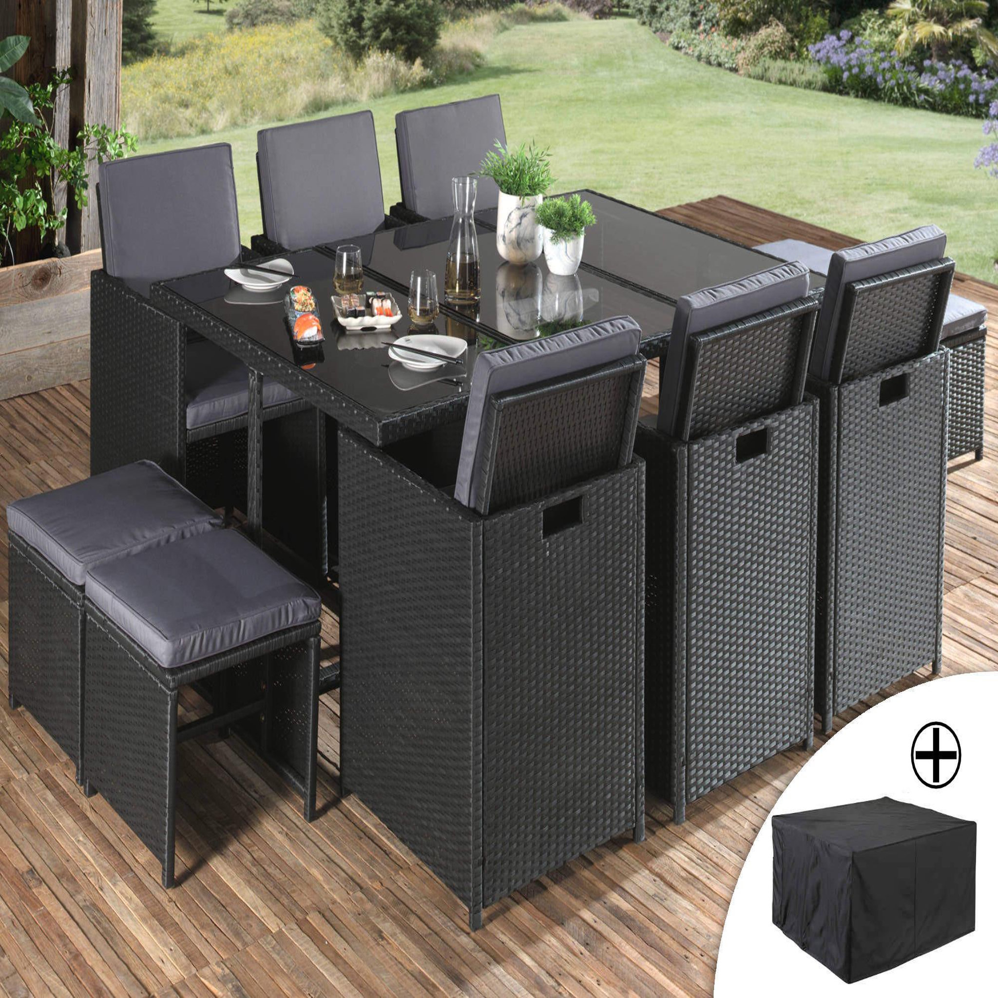 Voir la diapositive 1 : BEST MOBILIER Fira - salon de jardin encastrable 10 places - en résine tressée - noir avec coussins gris + housse de protection
