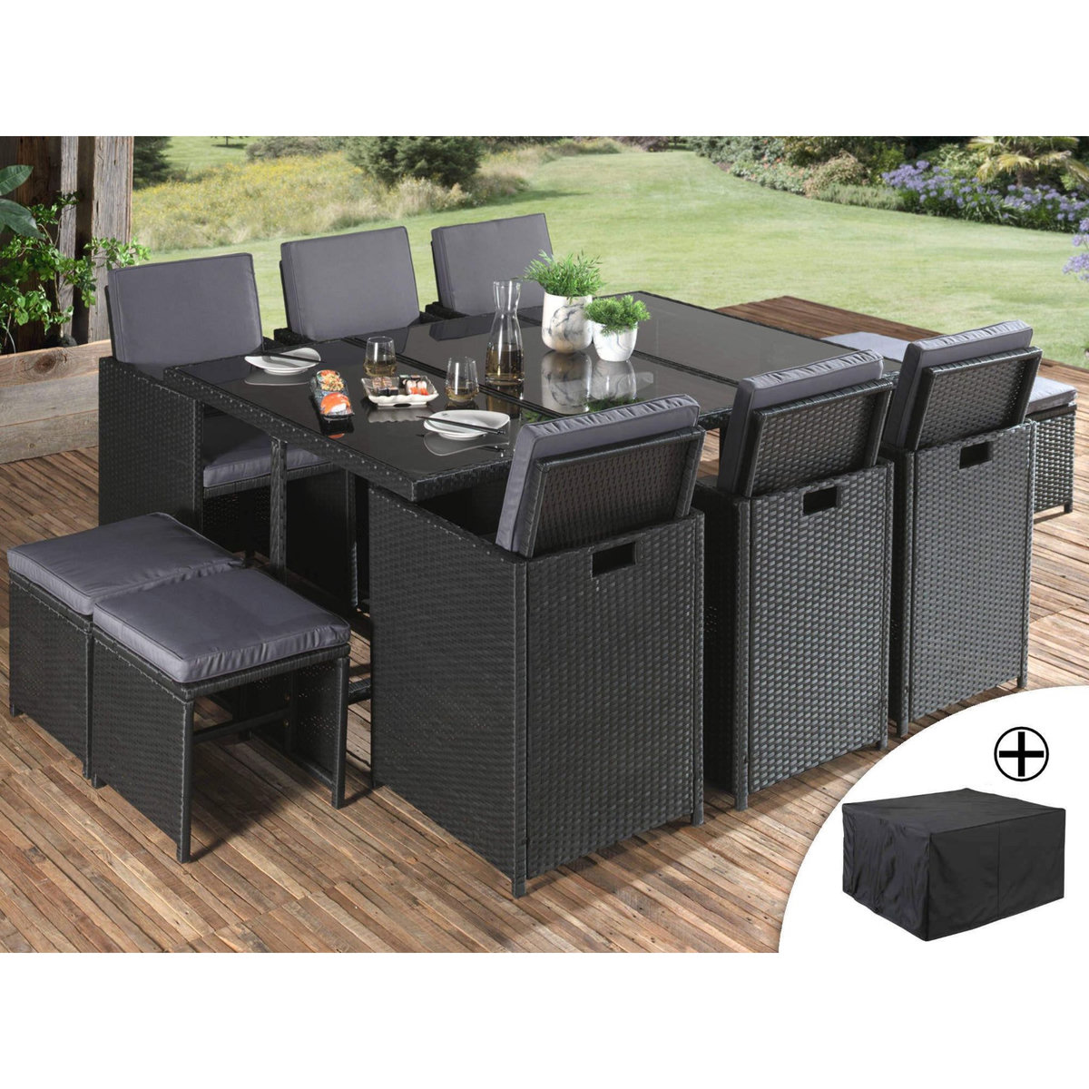 BEST MOBILIER Fira - salon de jardin encastrable 10 places - en résine tressée - noir avec coussins gris + housse de protection