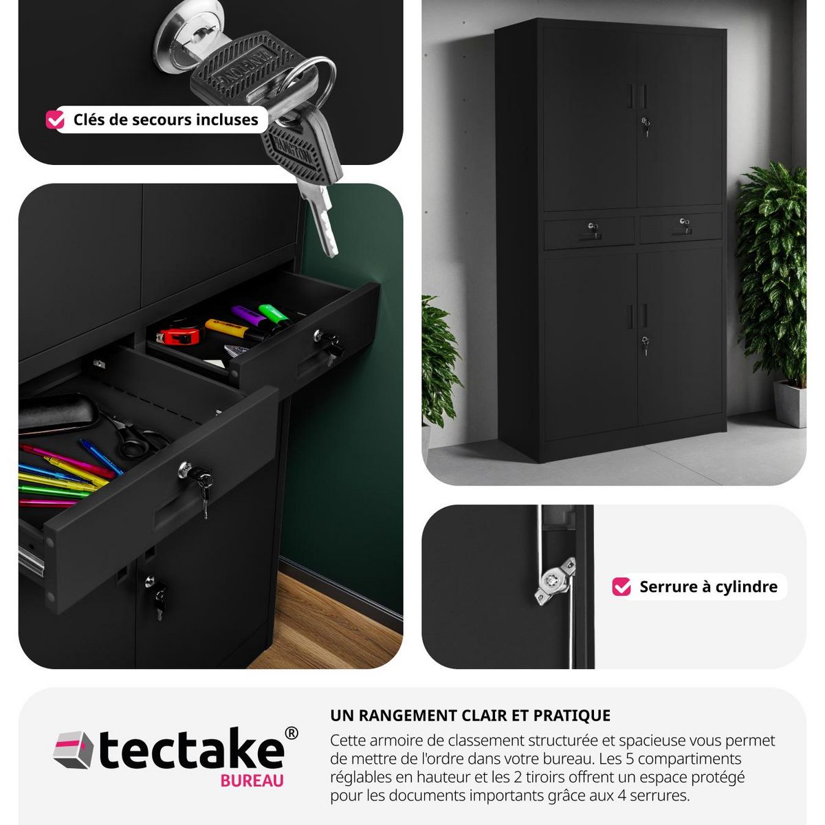 tectake Armoire de classement en métal en acier lâqué époxy noir/noir