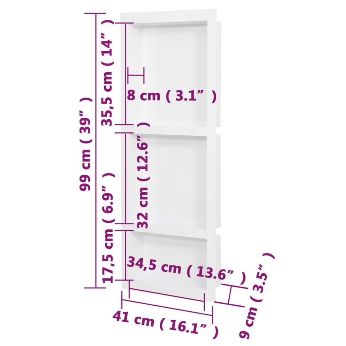 VIDAXL Niche de douche avec 3 compartiments Blanc mat 41x99x9 cm