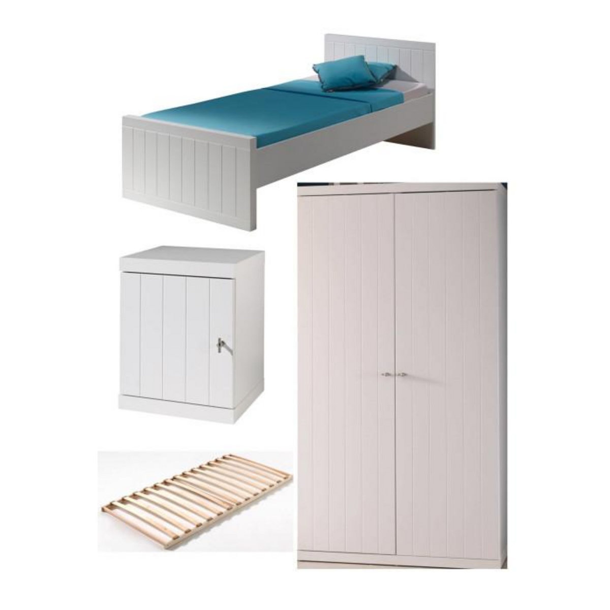 Paris Prix Pack - Lit Enfant, Sommier, Chevet & Armoire  Robin  90x200cm Blanc