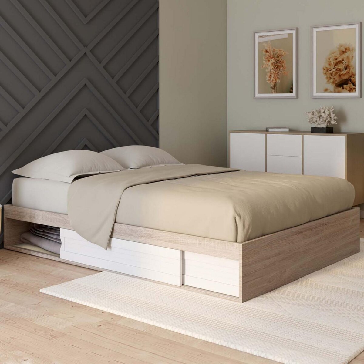 ID MARKET Cadre de lit double SALEM avec rangements et sommier 140 x 190 cm façon hêtre et blanc