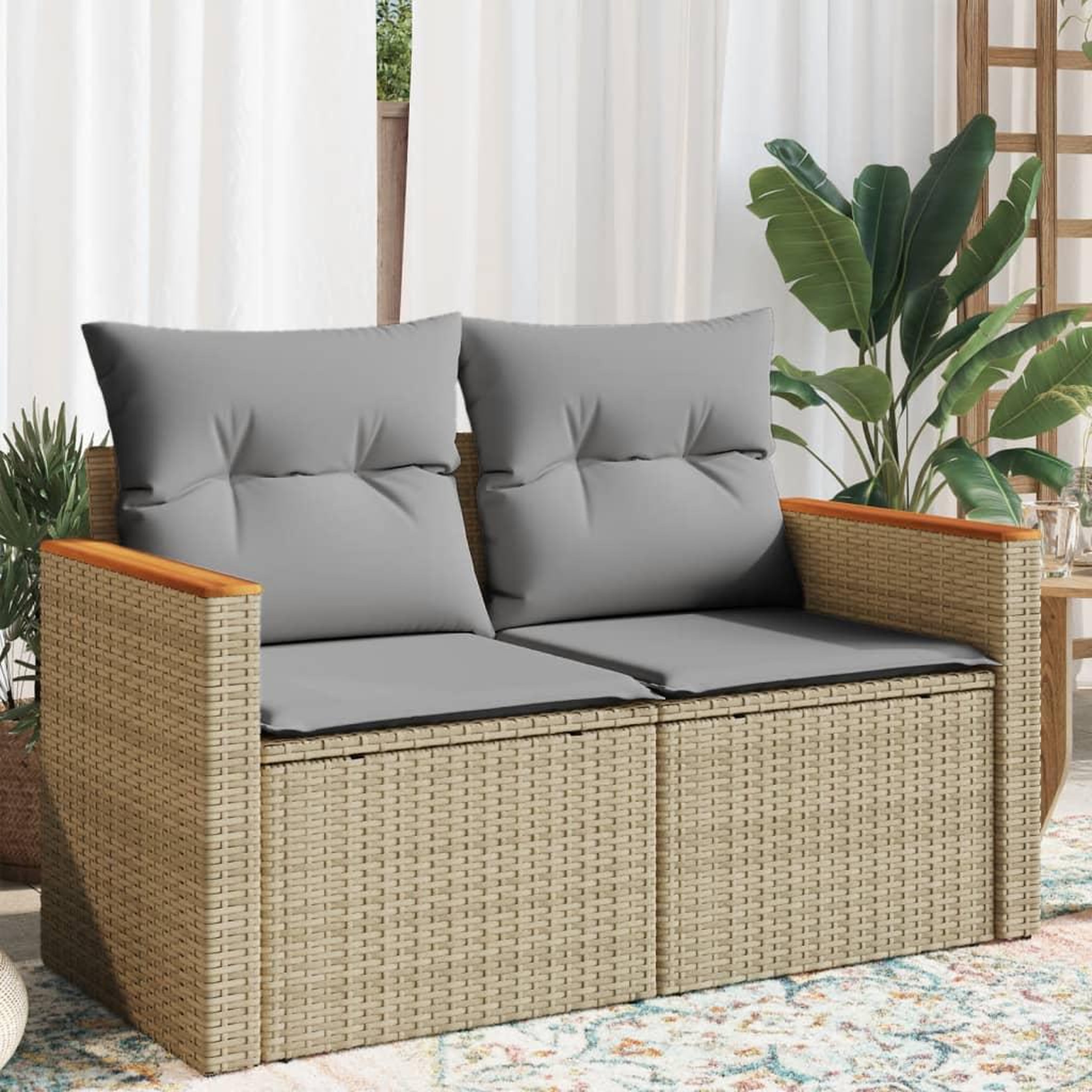 VIDAXL Canape de jardin avec coussins 2 places beige resine tressee
