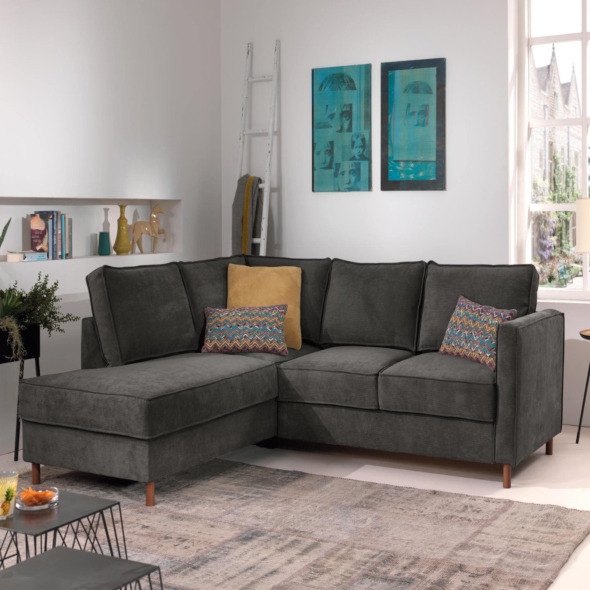 LISA DESIGN Jake - canapé d'angle gauche - convertible - 5 places - en velours côtelé. Coloris disponibles : Bleu, Orange, Beige, Gris, Vert