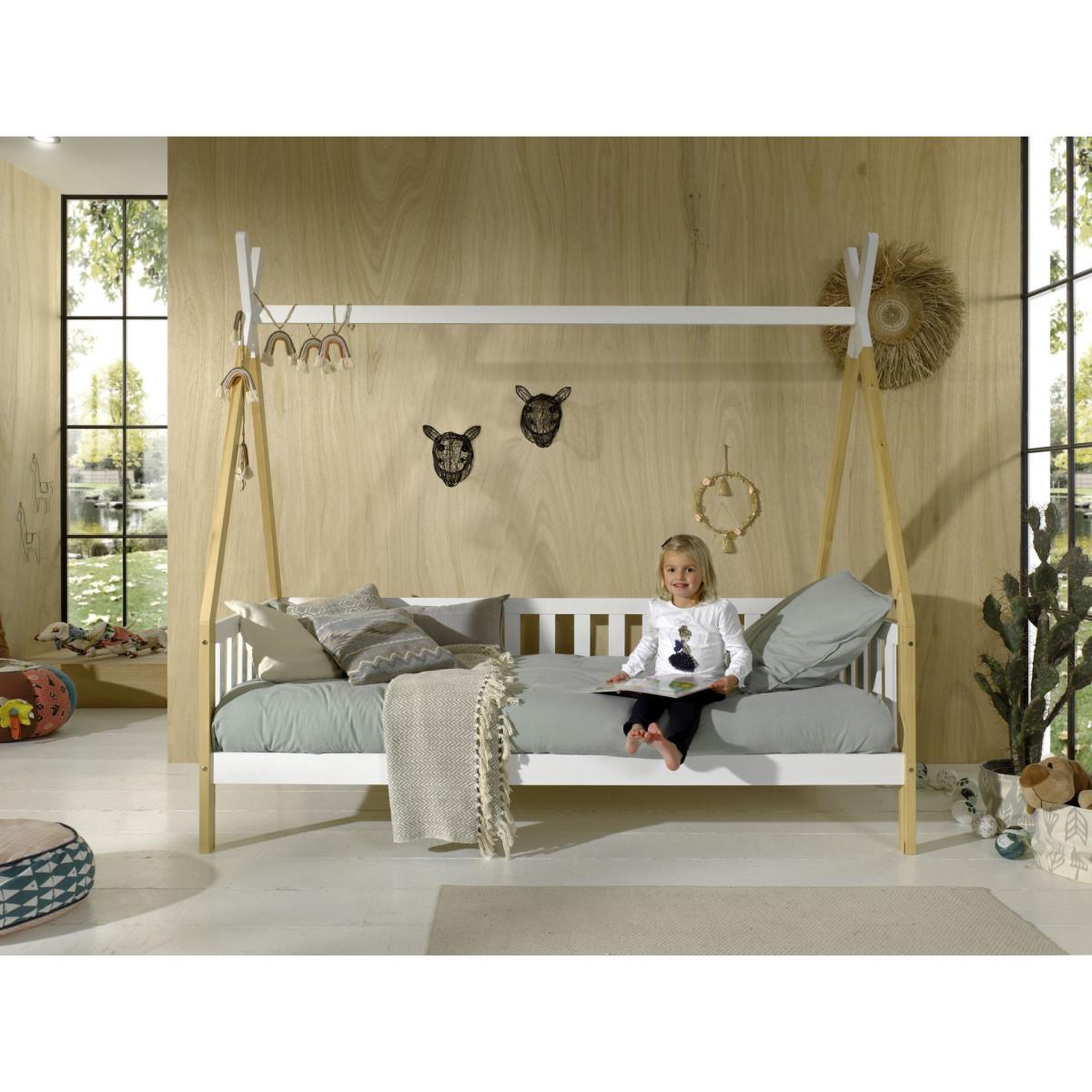 Voir la diapositive 5 : Paris Prix Lit enfant & barrière pin massif  tipi  90x200cm blanc & naturel