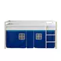 HomeStyle4U Lit Simple Blanc 90x200 en hauteur avec echelle et rideau bleu