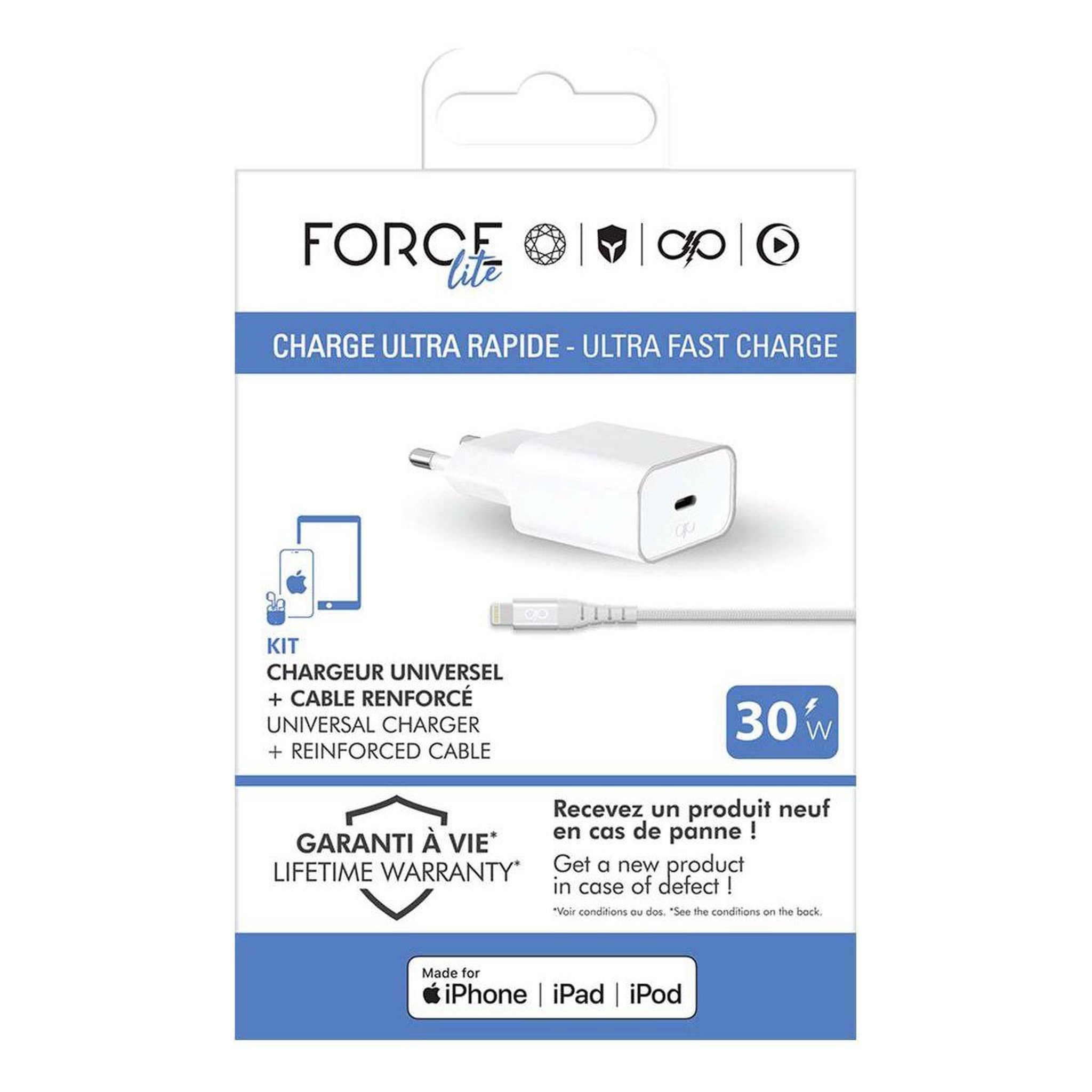 Voir la diapositive 5 : FORCE POWER Chargeur secteu 30w + cable usb-c / lightning mfi 1.2m