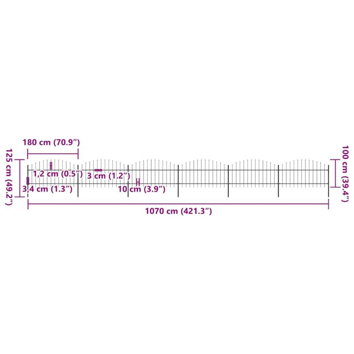 VIDAXL Cloture de jardin avec dessus en forme de lance en acier 1070 x 125 cm Noir