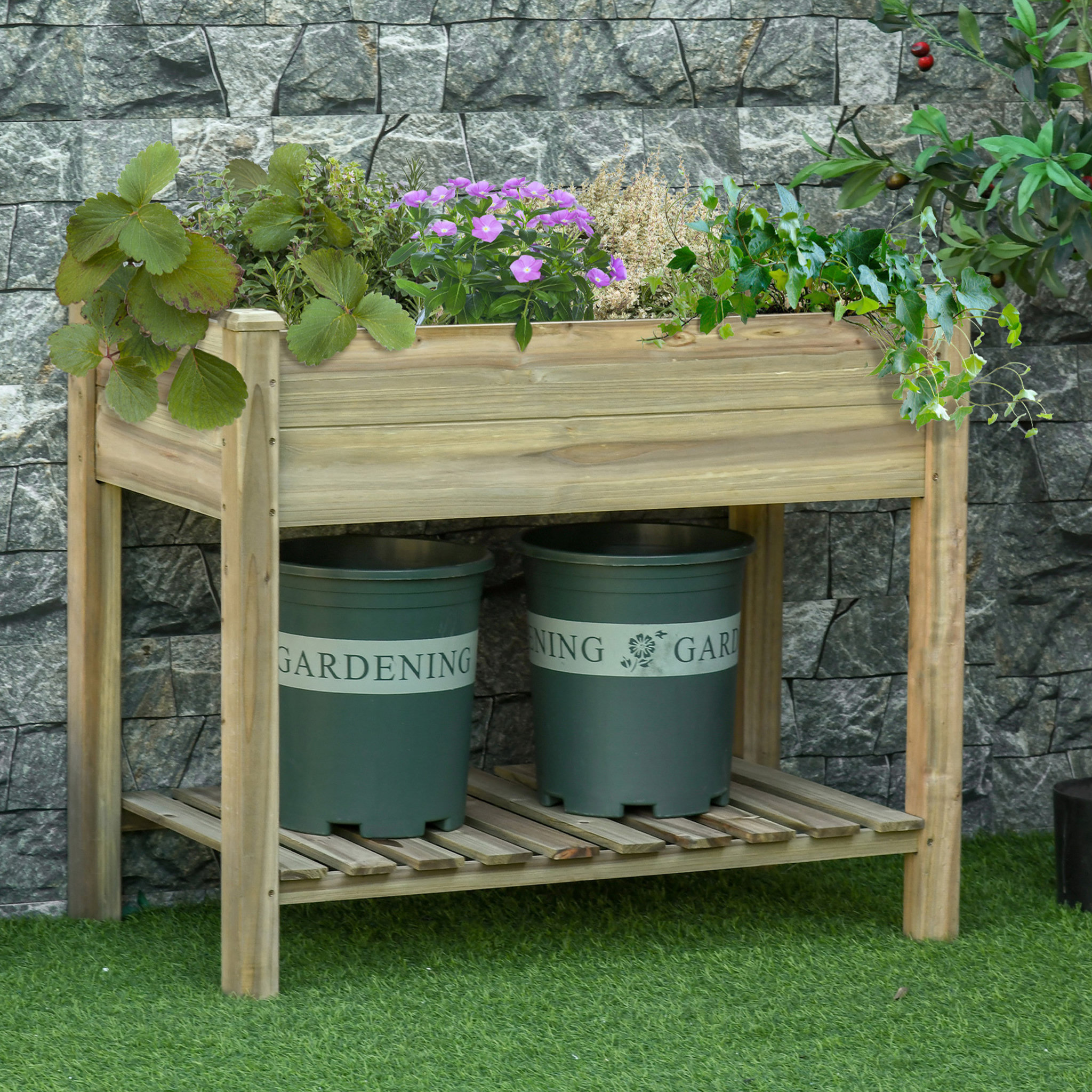 Voir la diapositive 2 : OUTSUNNY Jardinière sur pieds potager avec étagère à lattes dim. 91L x 51l x 76H cm bois sapin autoclave