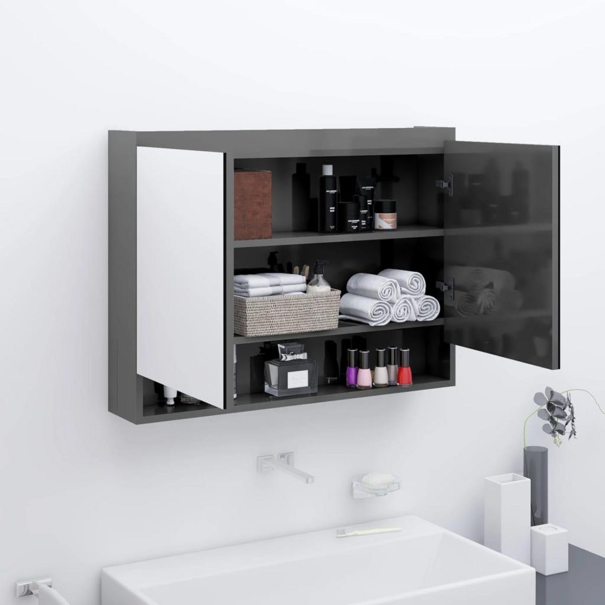 VIDAXL Armoire a miroir de salle de bain 80x15x60 cm MDF Gris brillant
