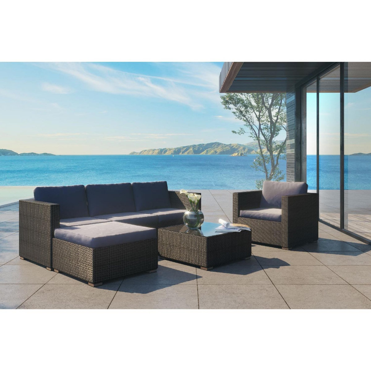 CONCEPT USINE Salon de jardin 6 places en résine tressée noir et gris NEVALA