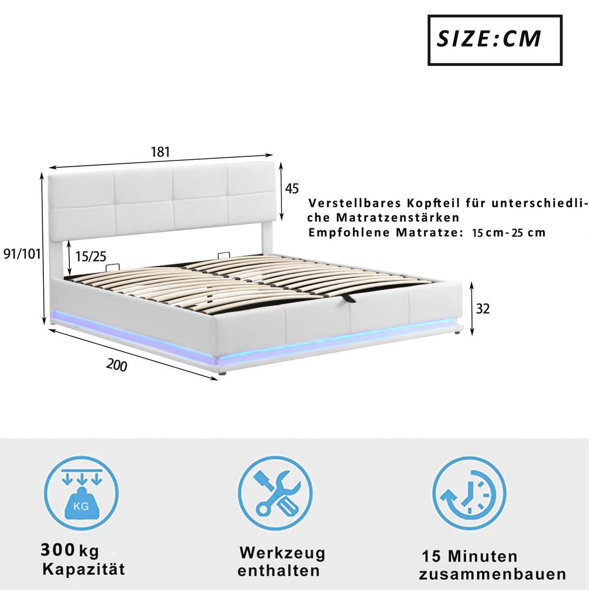 MERAX Lit coffre rembourré 180x200 cm coloris blanc led tissu