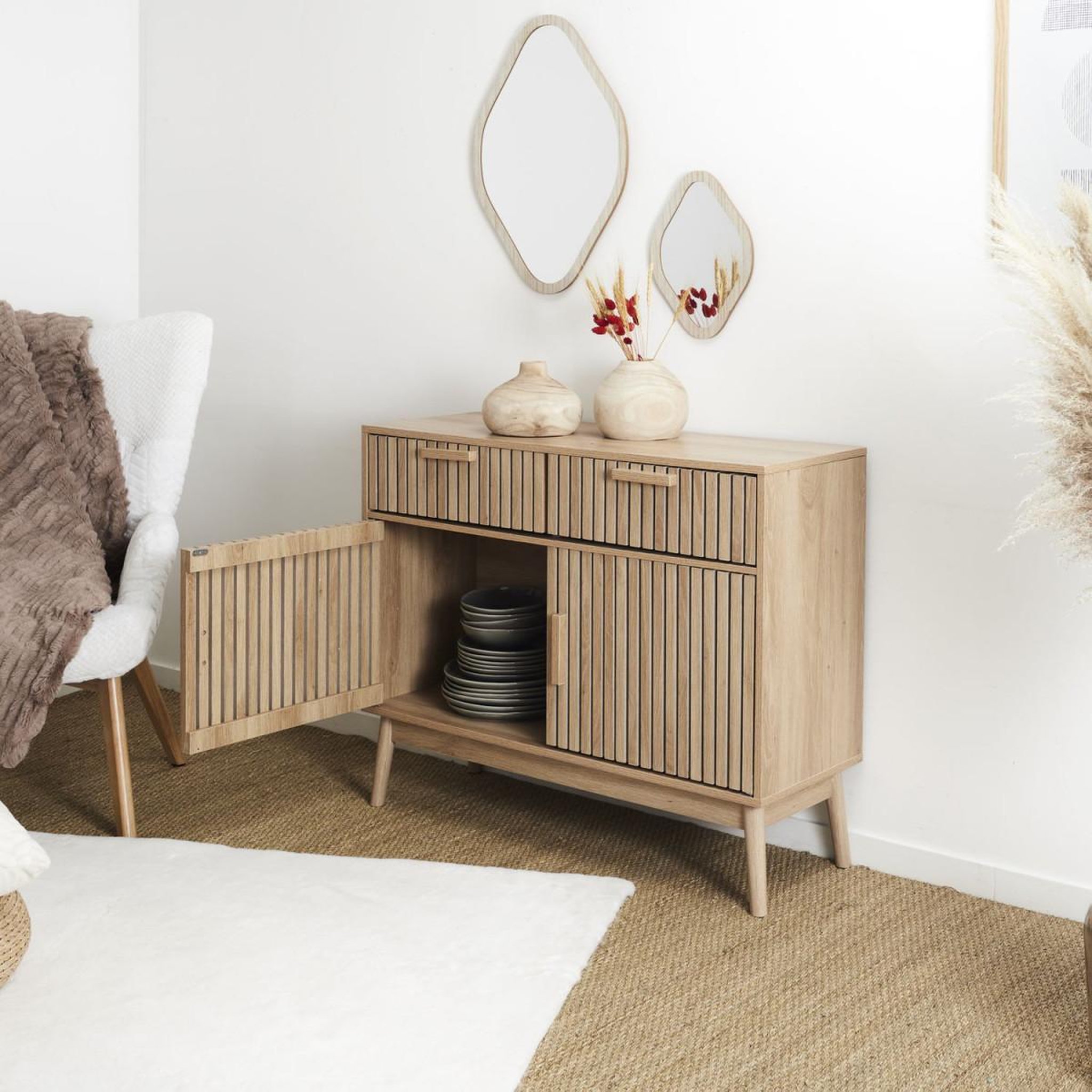 Voir la diapositive 6 : The Home Deco Factory Buffet 2 portes & 2 tiroirs  klaus  100cm marron