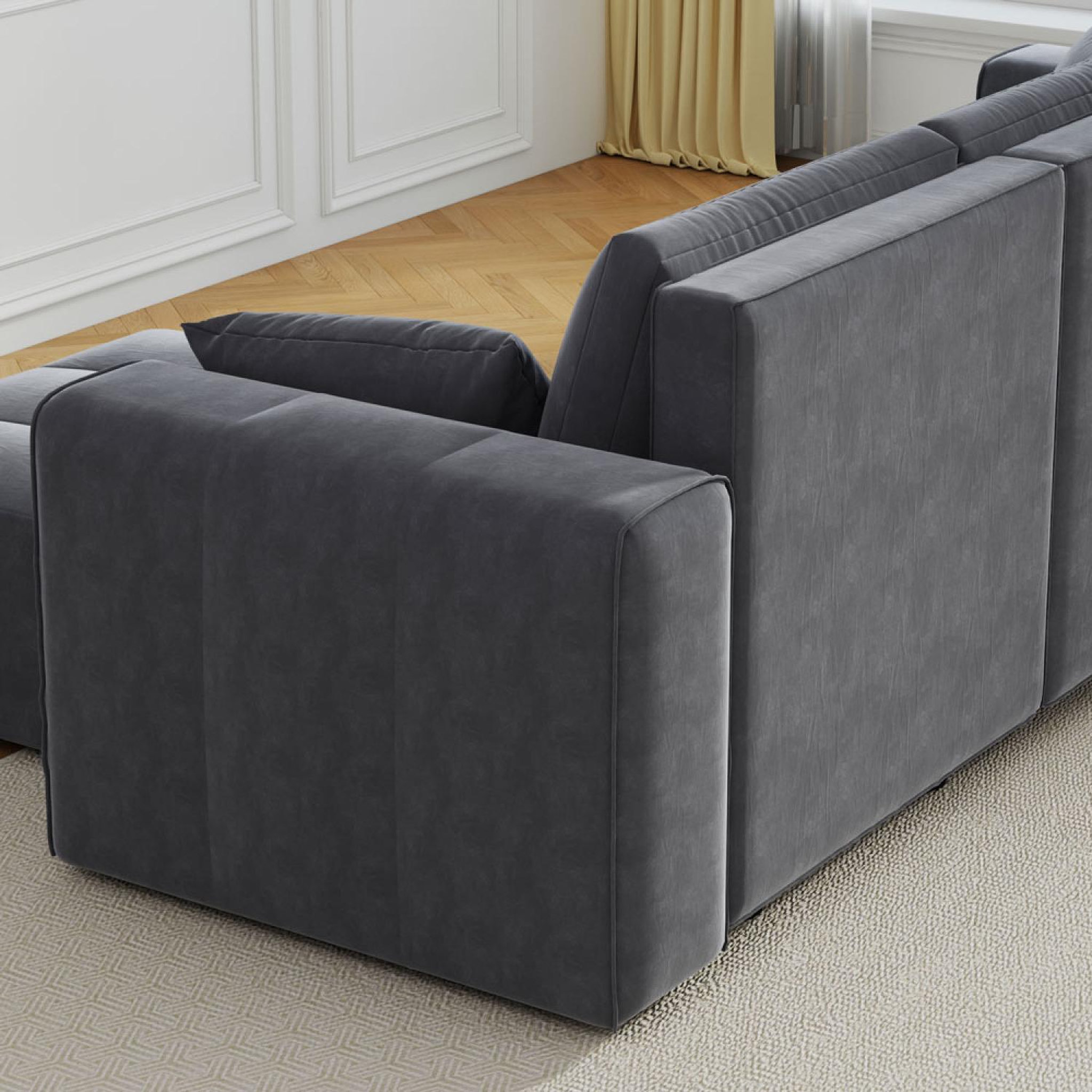 Voir la diapositive 6 : CONCEPT USINE Canapé d'angle convertible 4 places avec coffre en velours gris anthracite brighton