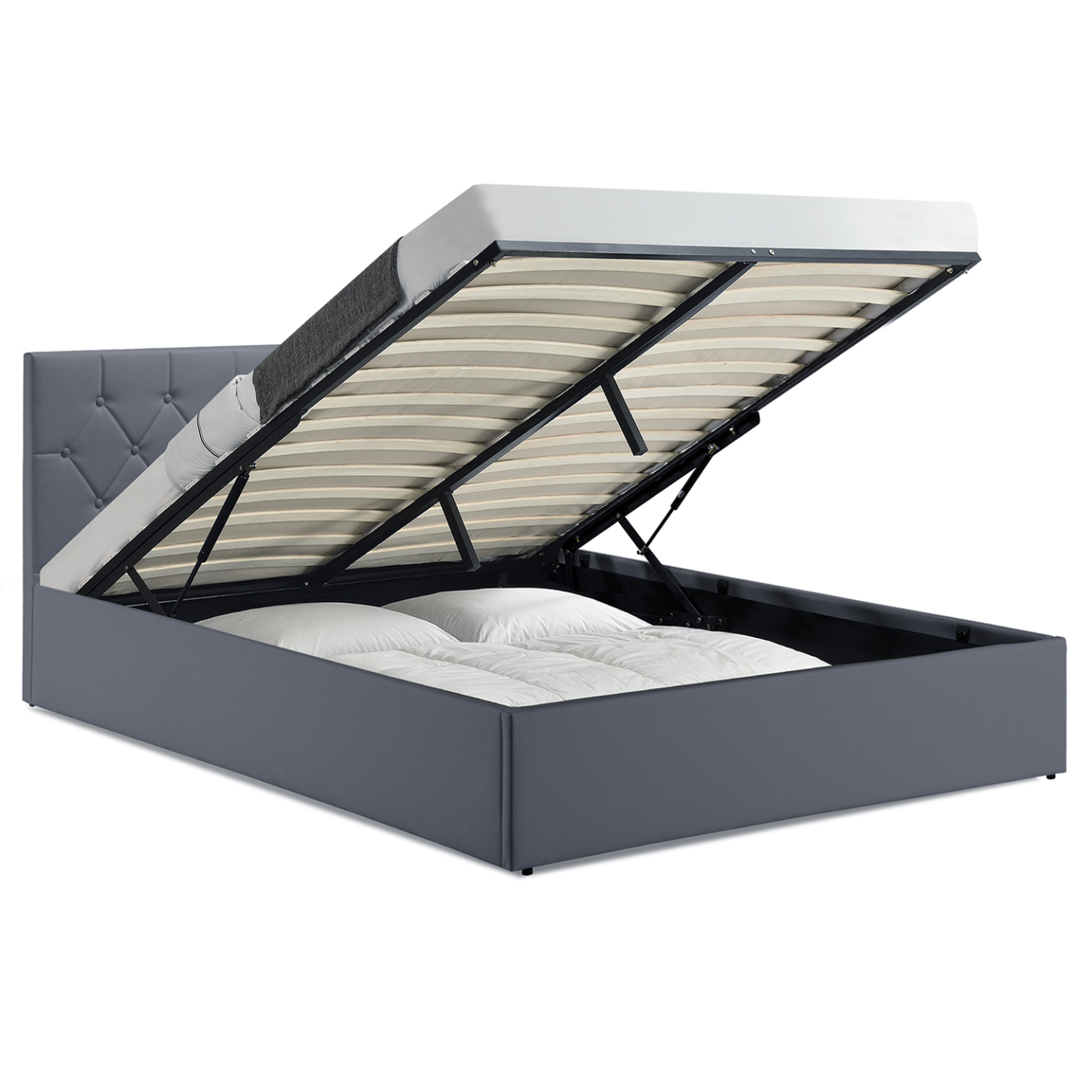 ID MARKET Lit coffre double austin avec tête de lit et sommier 160 x 200 cm pvc gris