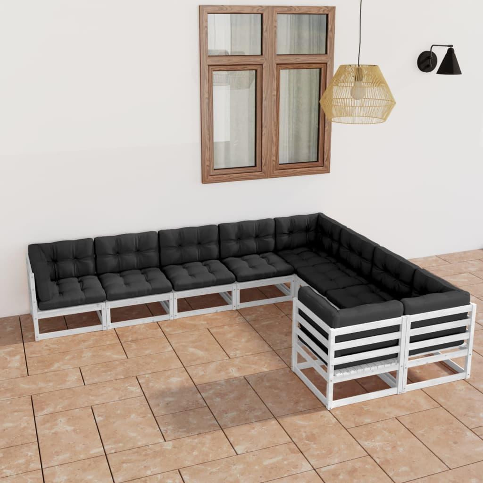 Voir la diapositive 1 : VIDAXL Salon de jardin 9 pcs avec coussins Blanc Bois de pin massif