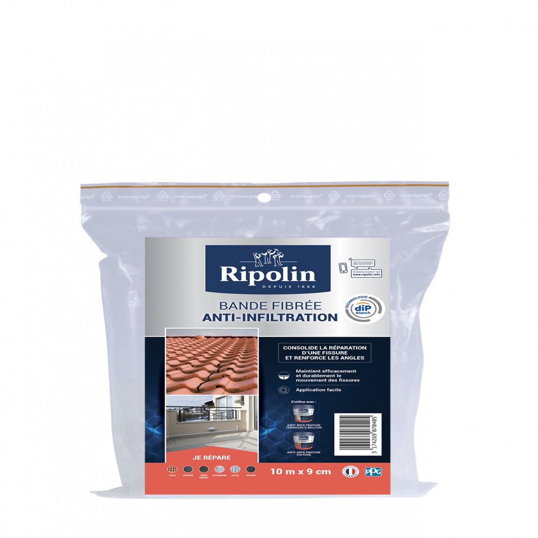 CENTRALE BRICO Revêtement d'étanchéité toiture, RIPOLIN Bande fibrée blanc 10M x 9cm