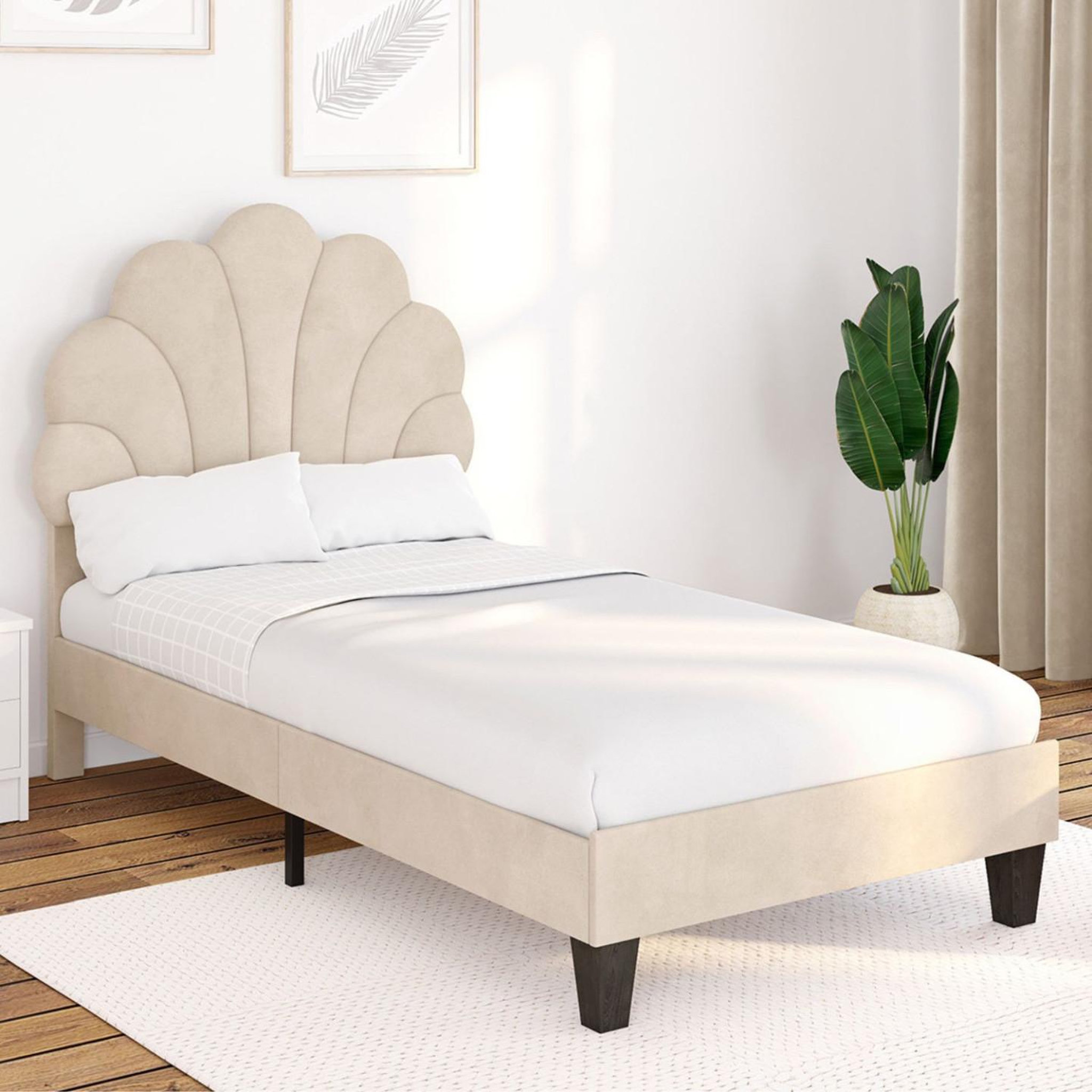 Voir la diapositive 2 : ID MARKET Lit simple coquillage 90 x 190 cm amanda avec sommier velours beige