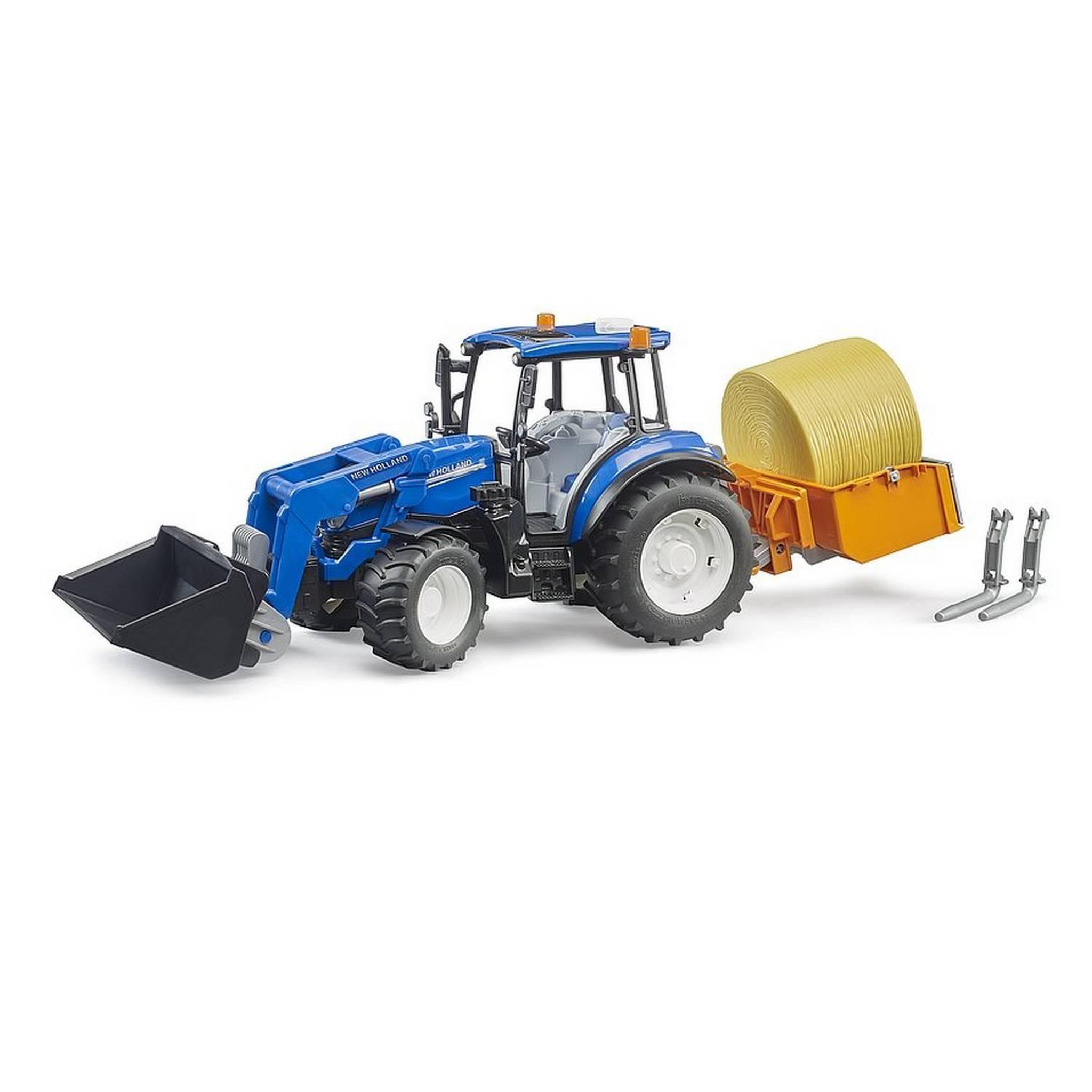 Bruder Tracteur New Holland T5. 120 avec chargeur avant, coffre de chargement et fourches