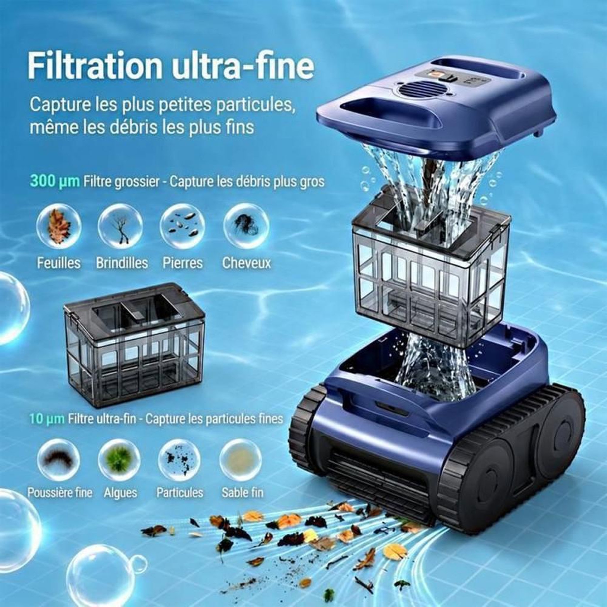 Voir la diapositive 4 : Nettoyeur de piscine robot sans fil gyroscope bleu pour fond, parois et ligne d'eau jusqu'à 200 m²