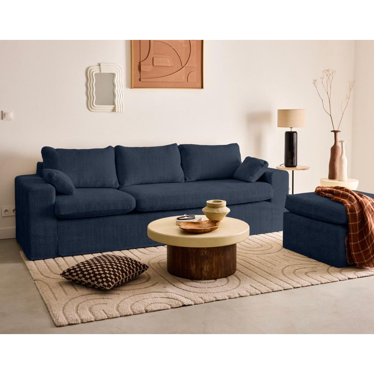 LISA DESIGN Calgary - canapé d'angle déhoussable et modulable 3 places + 1 pouf en velours texturé