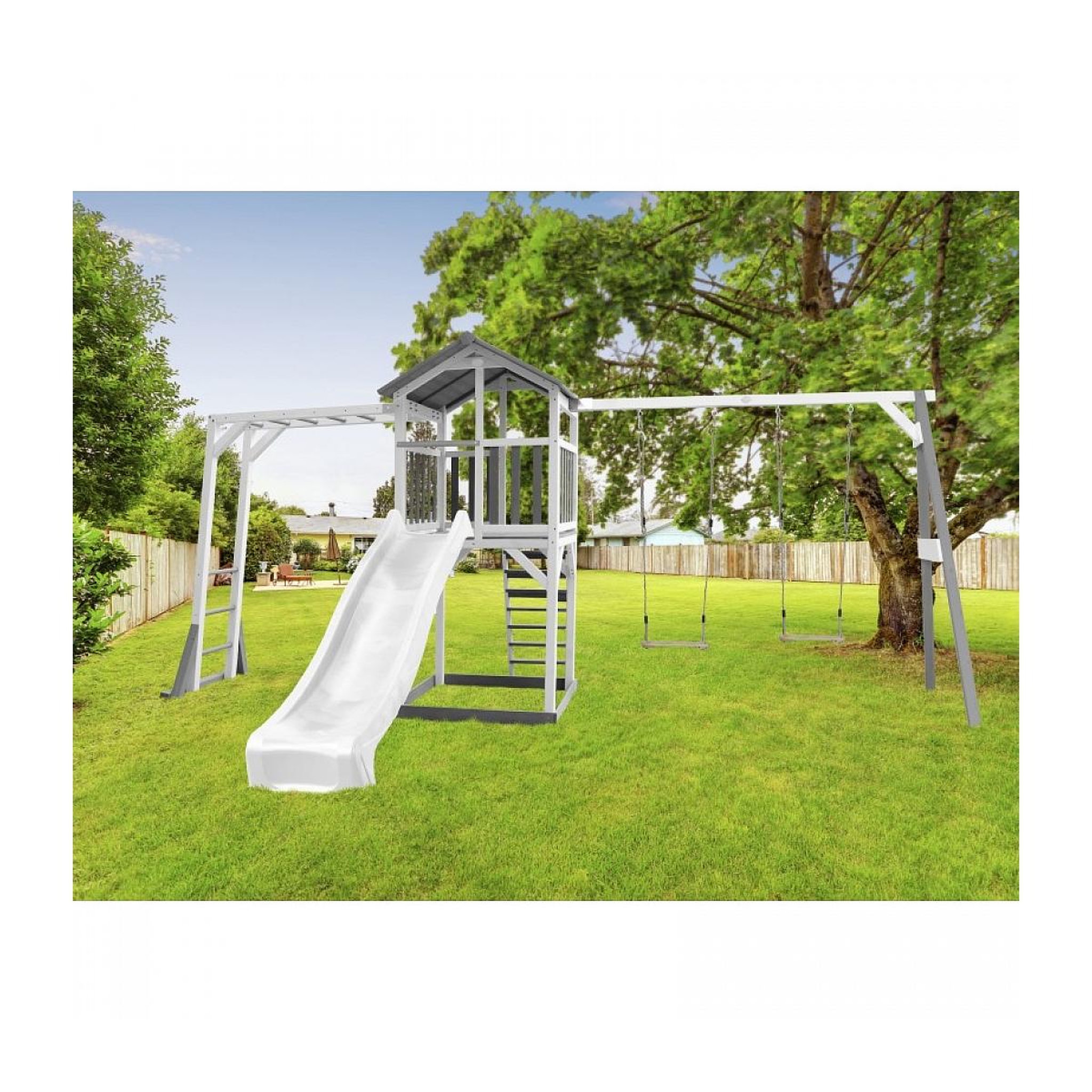 Voir la diapositive 2 : Axi House AXI Structure de jeu Beach Tower Blanc Gris avec cadre d'escalade et 2 balancoires et toboggan Blanc