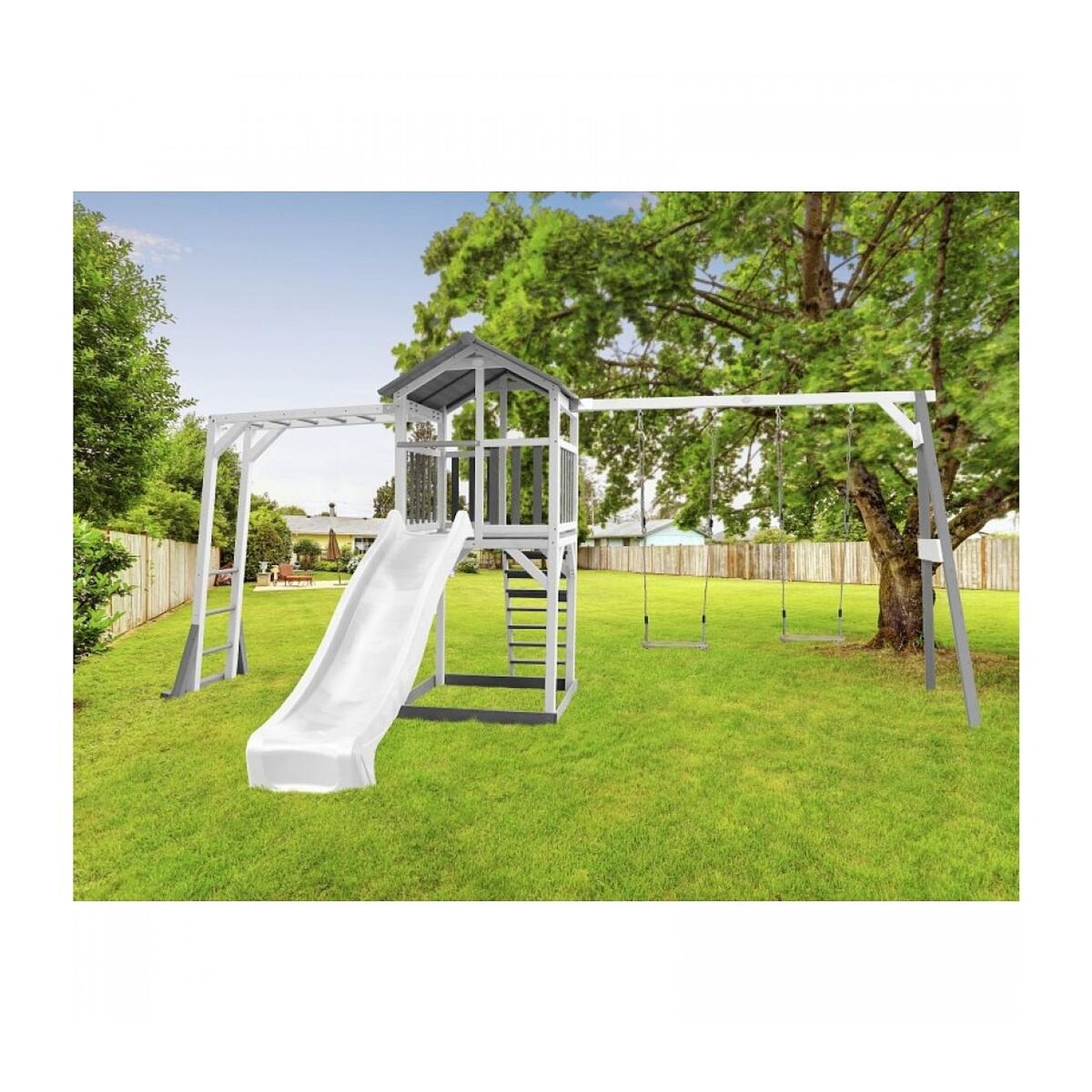 Axi House AXI Structure de jeu Beach Tower Blanc Gris avec cadre d'escalade et 2 balancoires et toboggan Blanc
